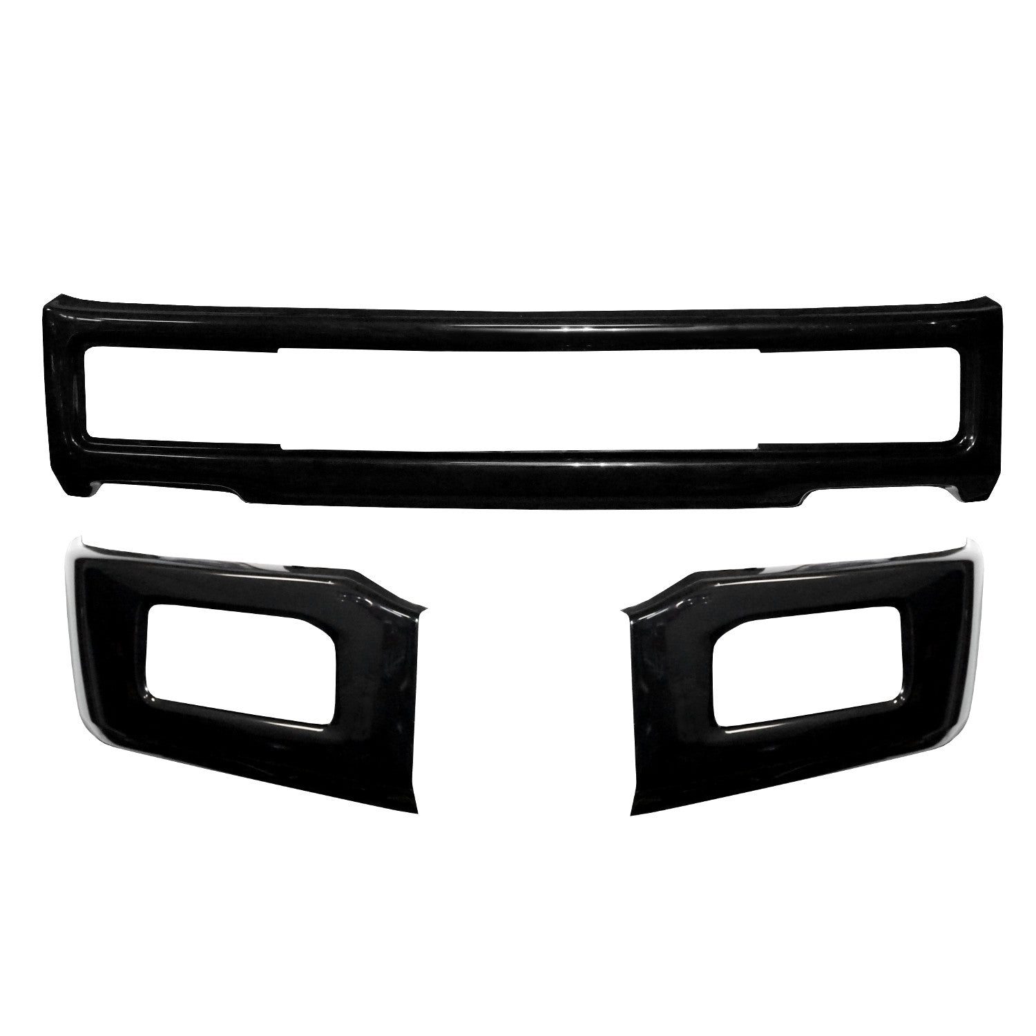 Gloss black front bumper for 2018-2020 Ford F150, with fog lamps and no tow hook cutouts.