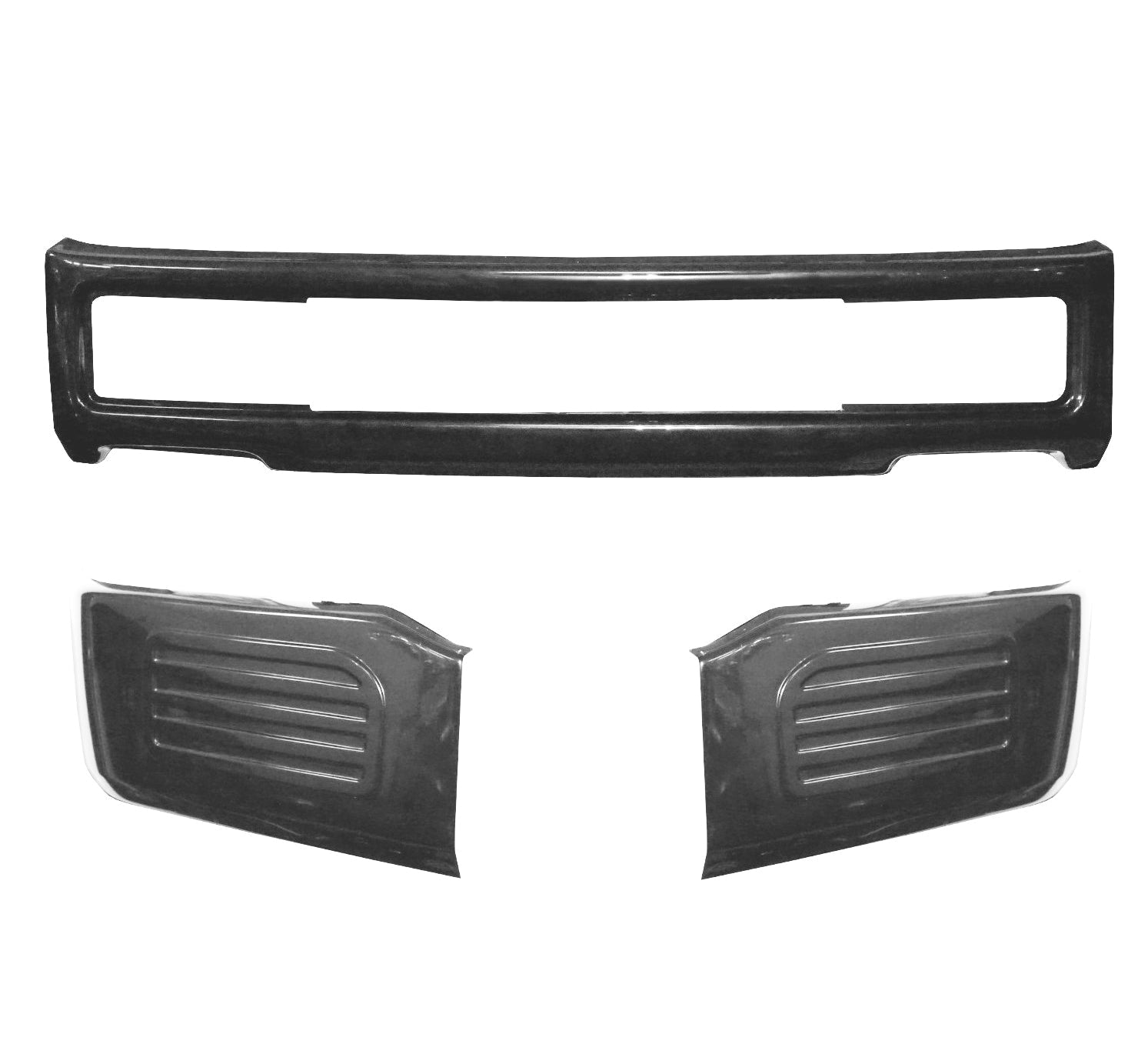 Gloss black front bumper for 2018-2020 Ford F150, with fog lamps and no tow hook cutouts.
