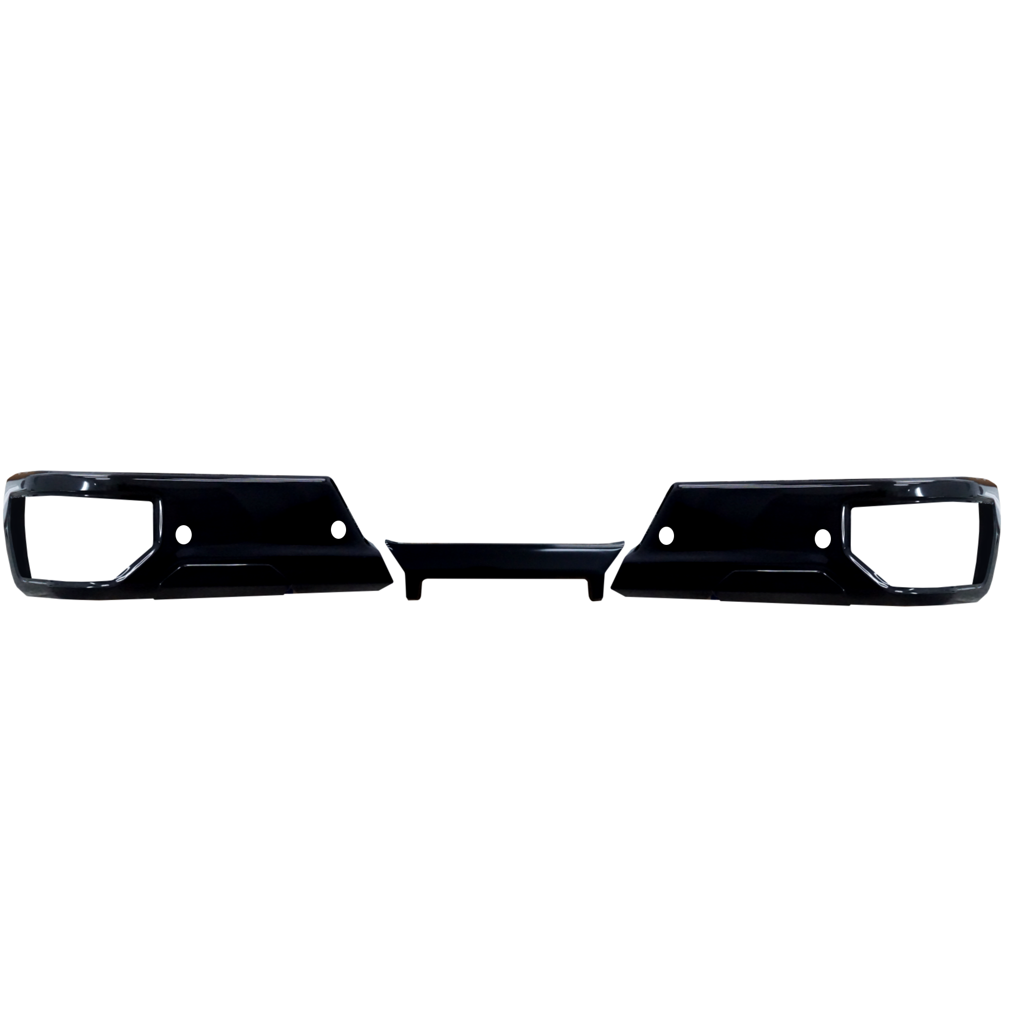 BumperShellz for the Rear Bumper of the 2019-2024 Silverado and Sierra in Gloss Black with parking sensors, chrome delete kit