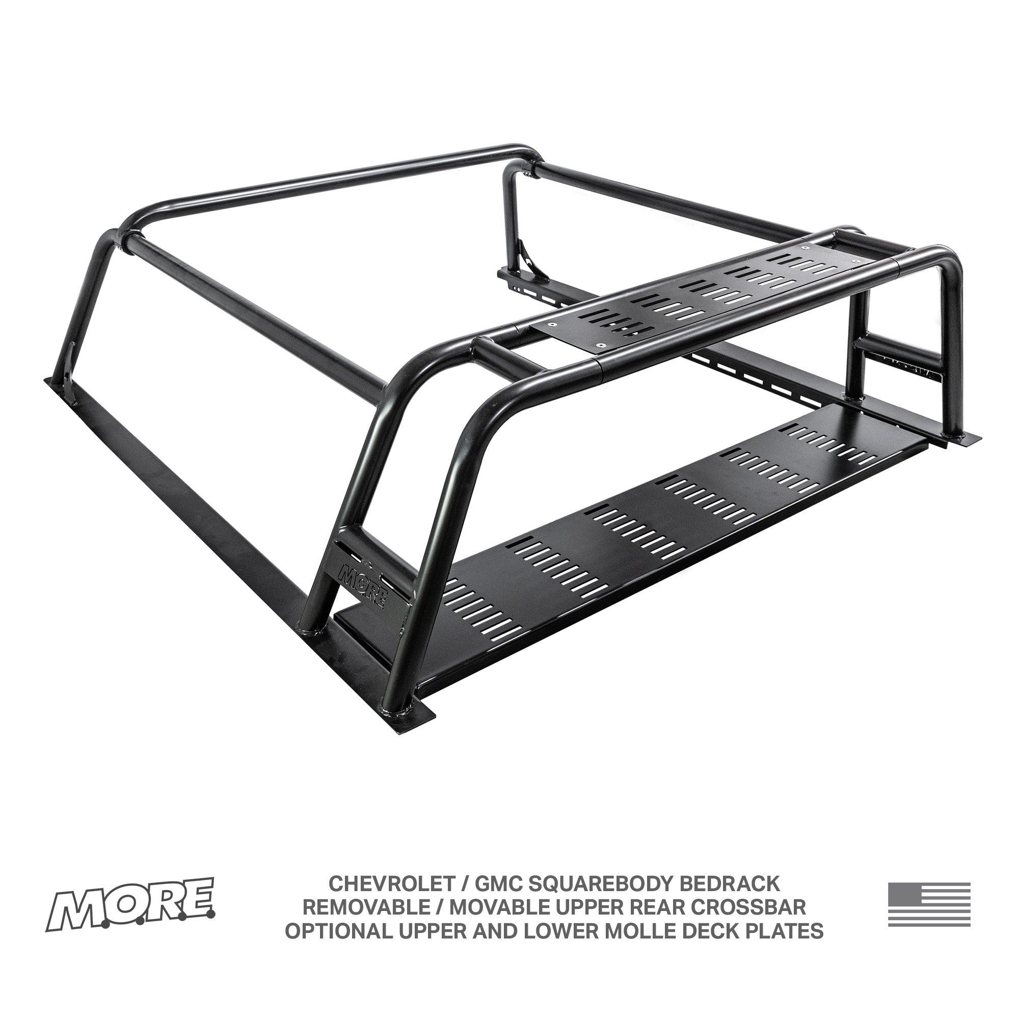 Black steel bed rack system with MOLLE panels for Chevrolet GMC Squarebody trucks.