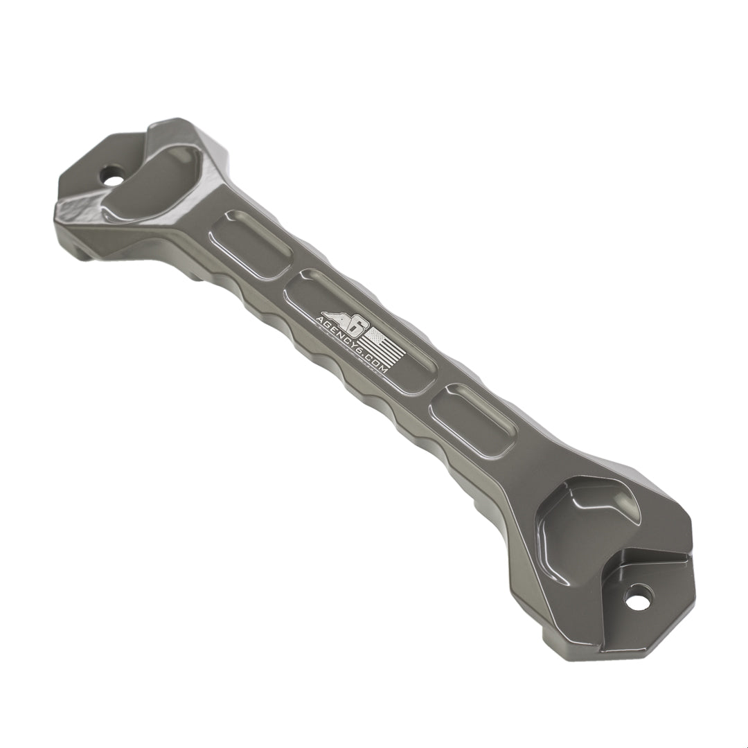Grey metal battery mount handle for off-road and overland vehicle accessories