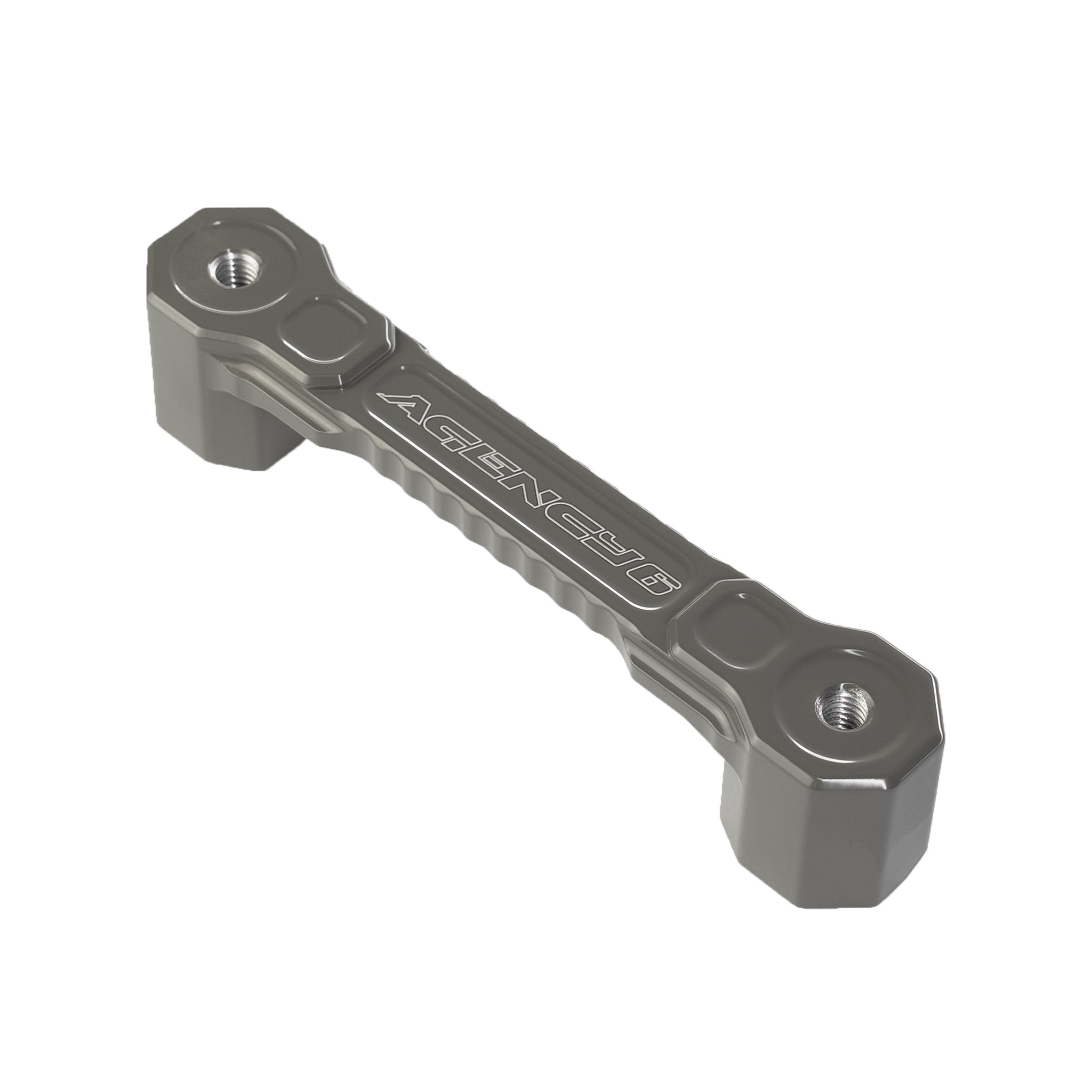 Grey aluminum vehicle accessory mounting bracket with Agency 6 logo, isolated on white