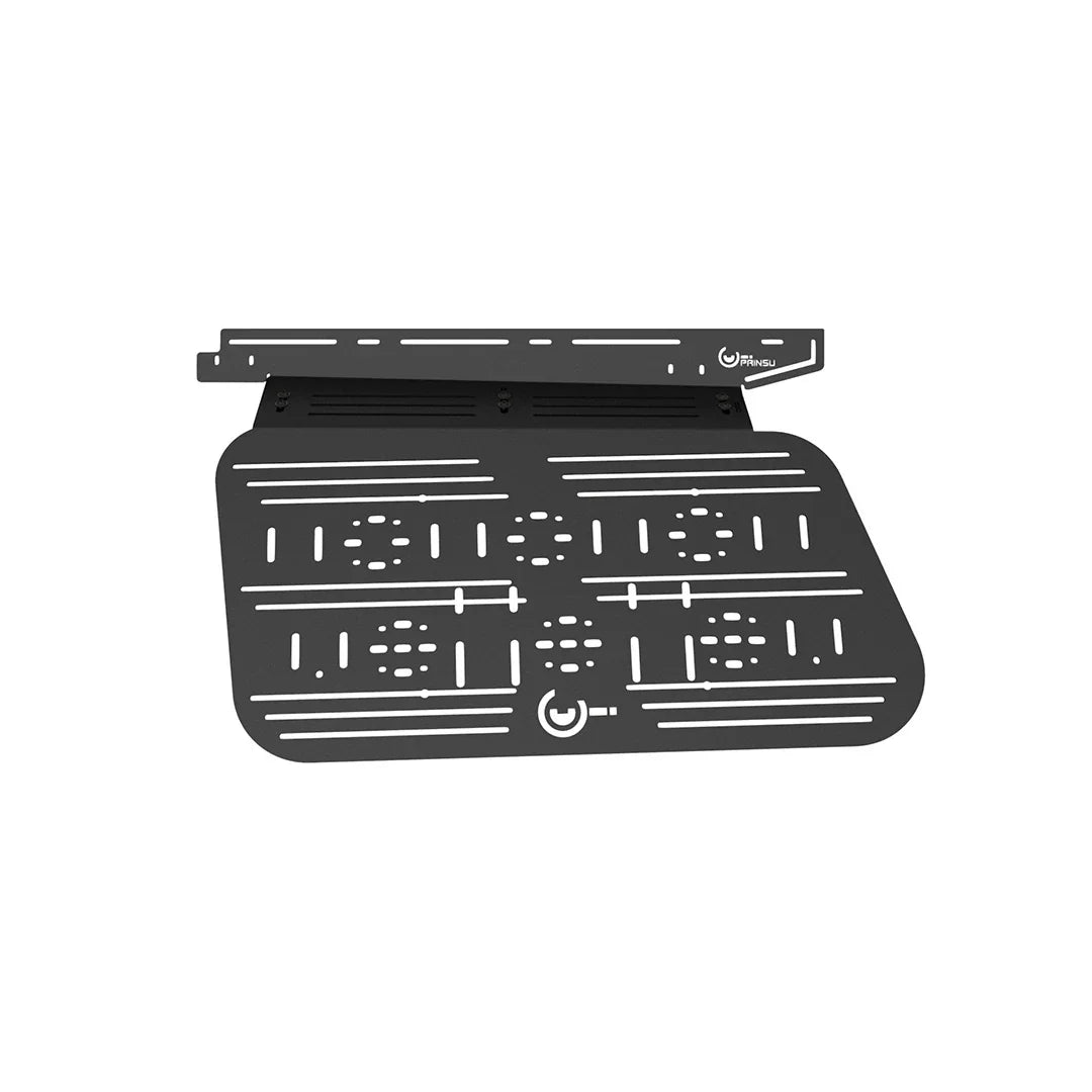 Black metal window panel accessory mount for overlanding vehicles with slotted design