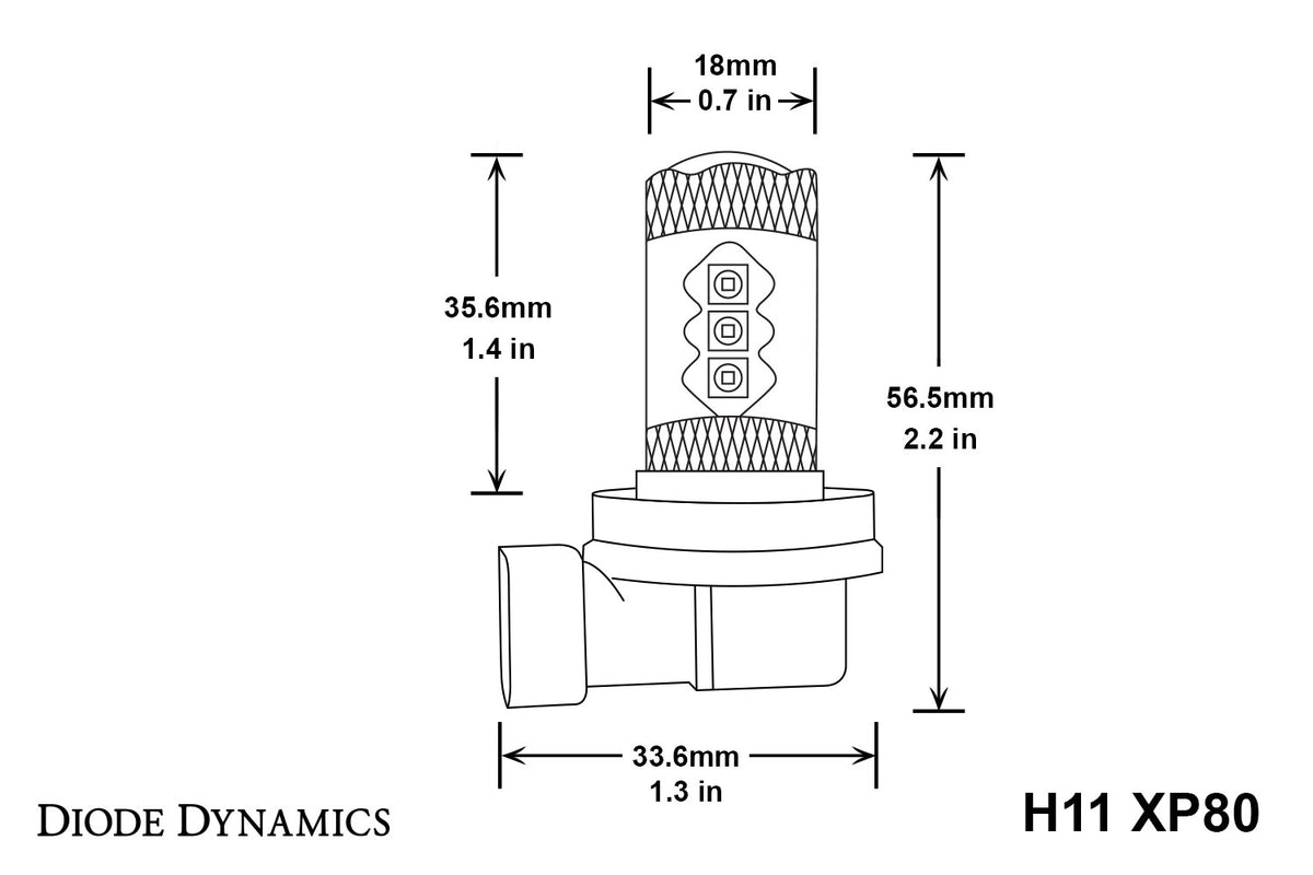 Diode Dynamics H11 XP80 LED bulbs for trucks and SUVs – dimensions
