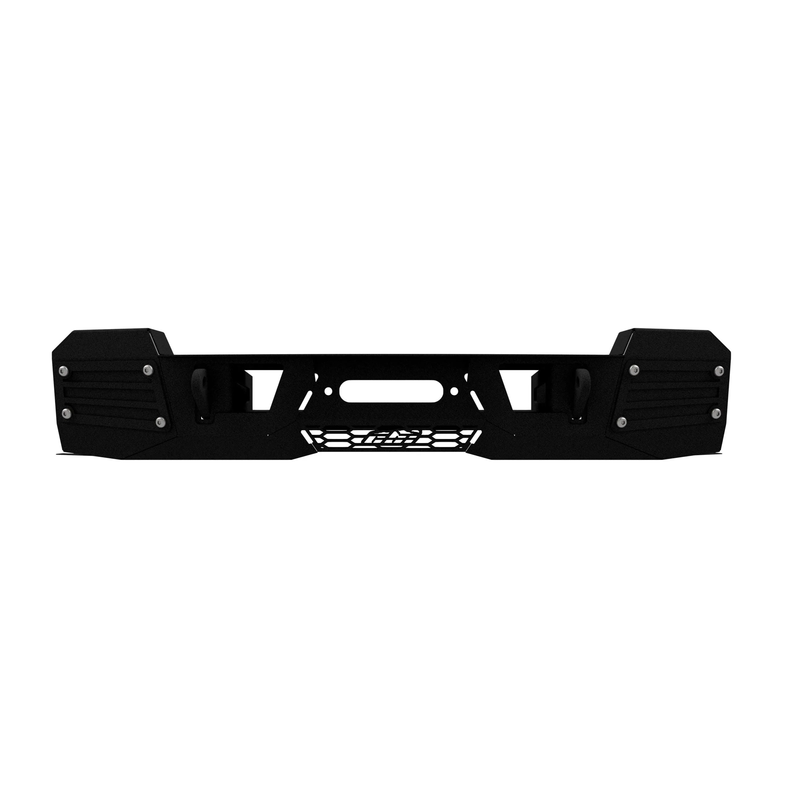 Heavy-duty black off-road steel bumper for Toyota Tacoma, Jeep, or Bronco vehicles.