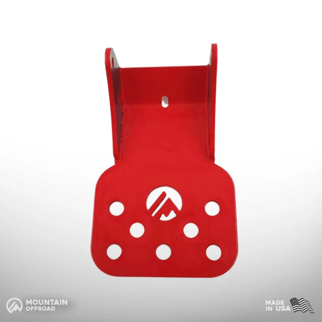 Red powder-coated metal step bracket with holes, Jeep CJ 1976-86 accessory, made in USA