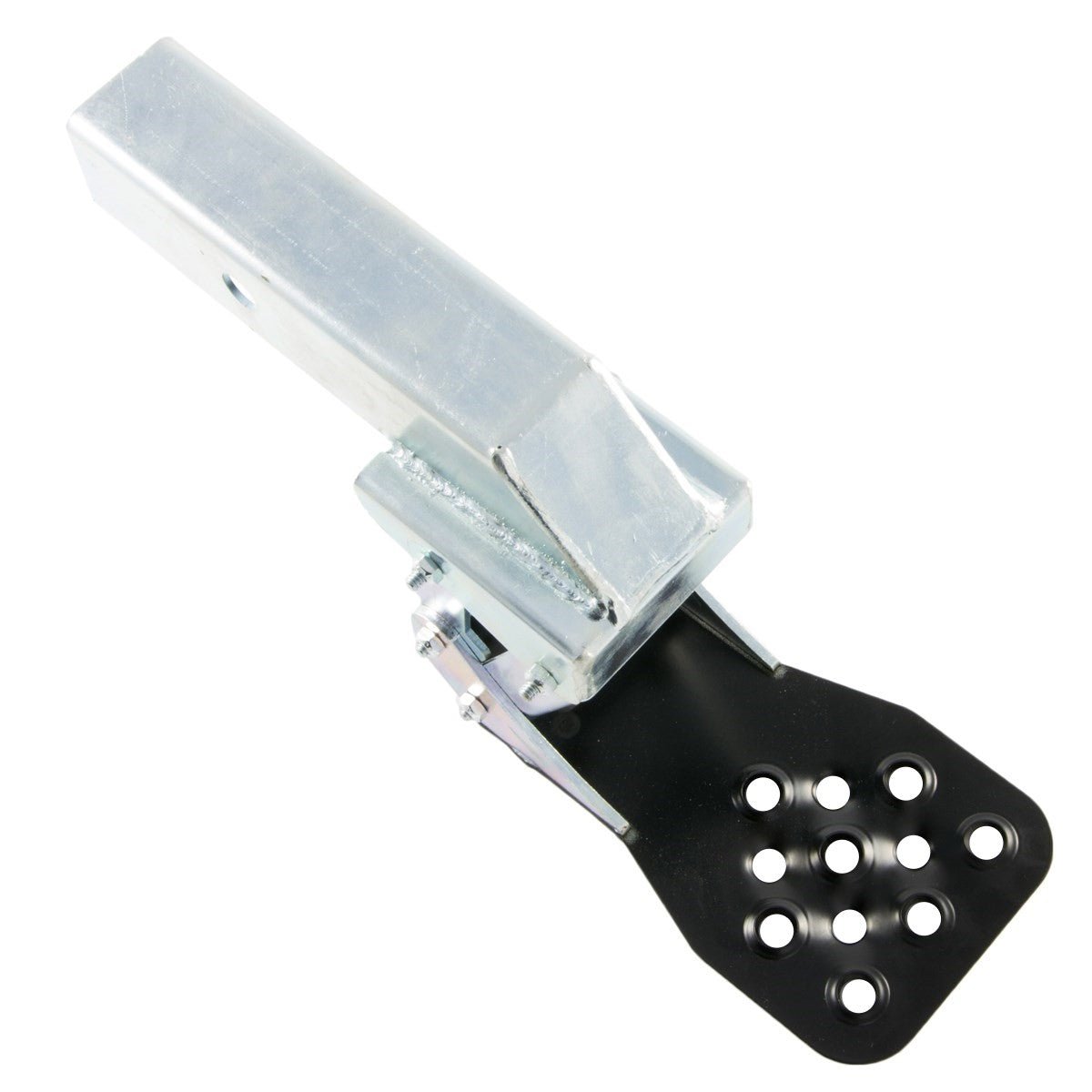 Universal receiver hitch step with powder-coated black metal platform and multiple holes
