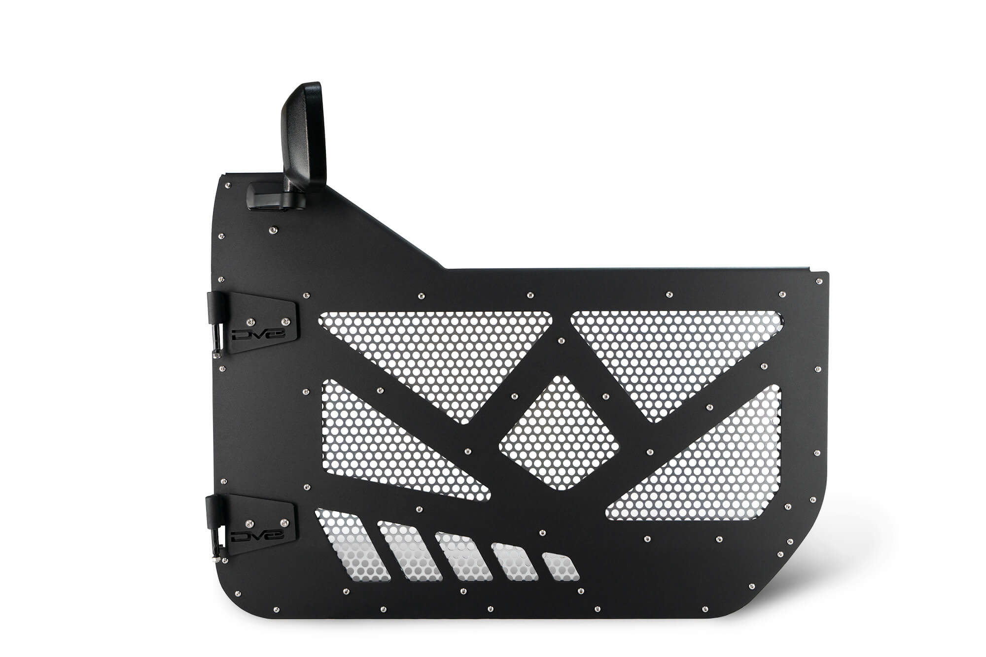 Black steel rock door for Jeep Gladiator with mesh design and side mirror, off-road accessory
