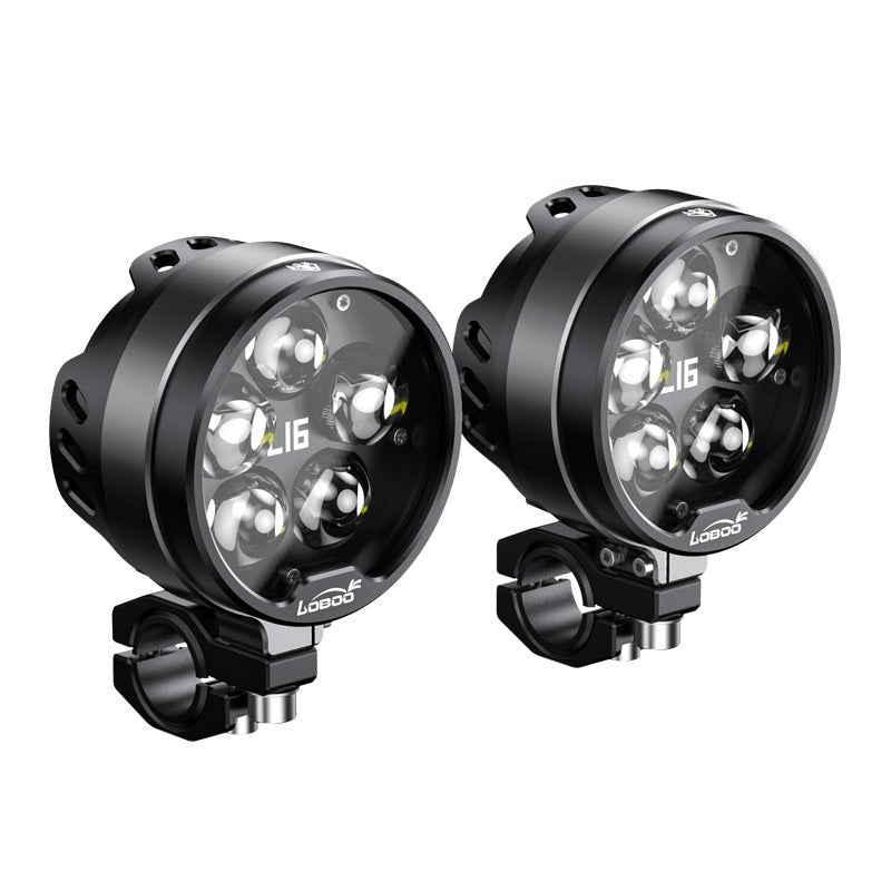 LOBOO L16 Motorcycle Auxiliary Lights – 19000LM High & Low Beam LEDs, 3-Mode Warning, IP68 Waterproof, Intelligent Temp Control (Pair)