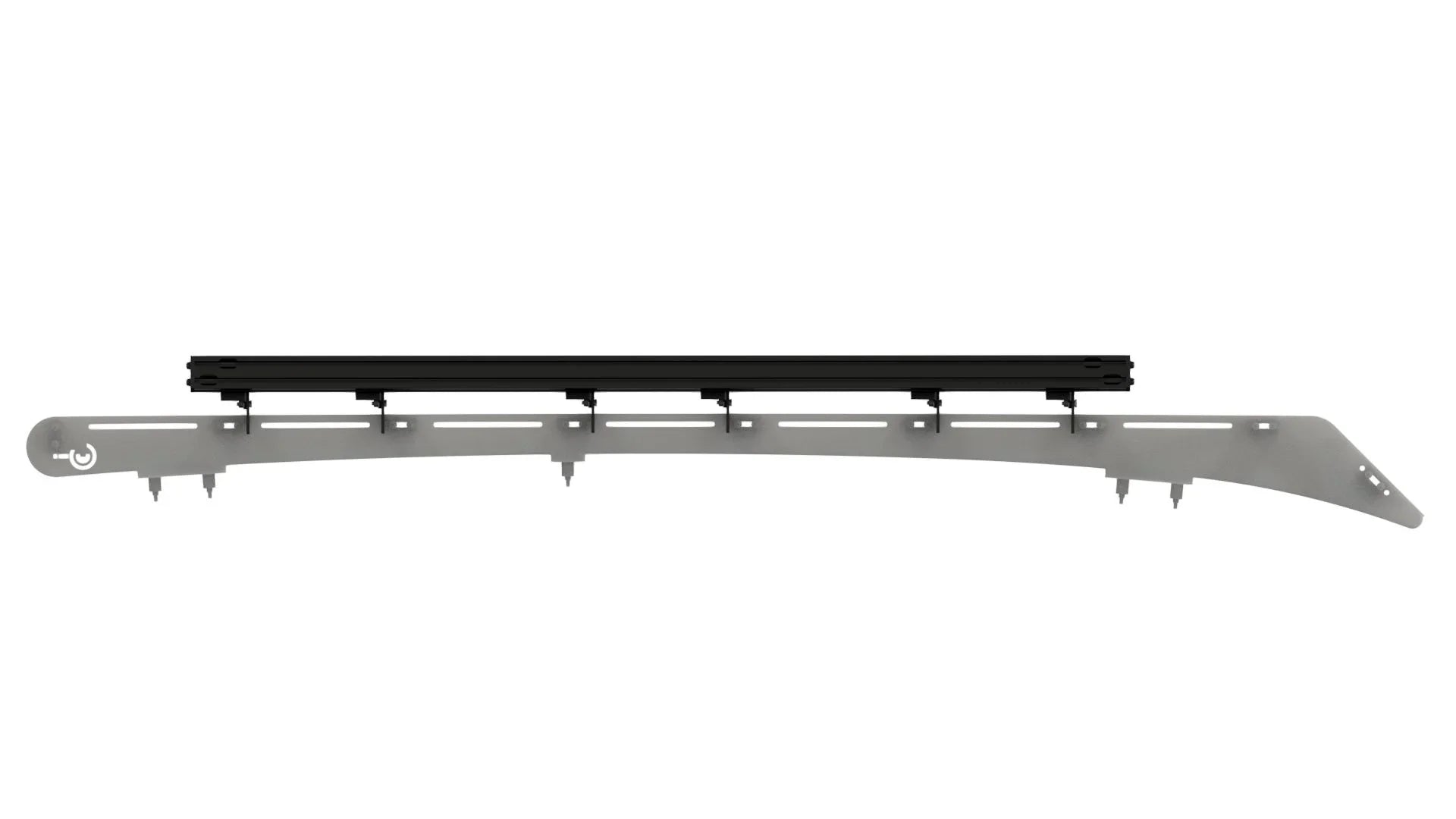 Side profile of a metal overland vehicle side rack with mounting slots and black rail