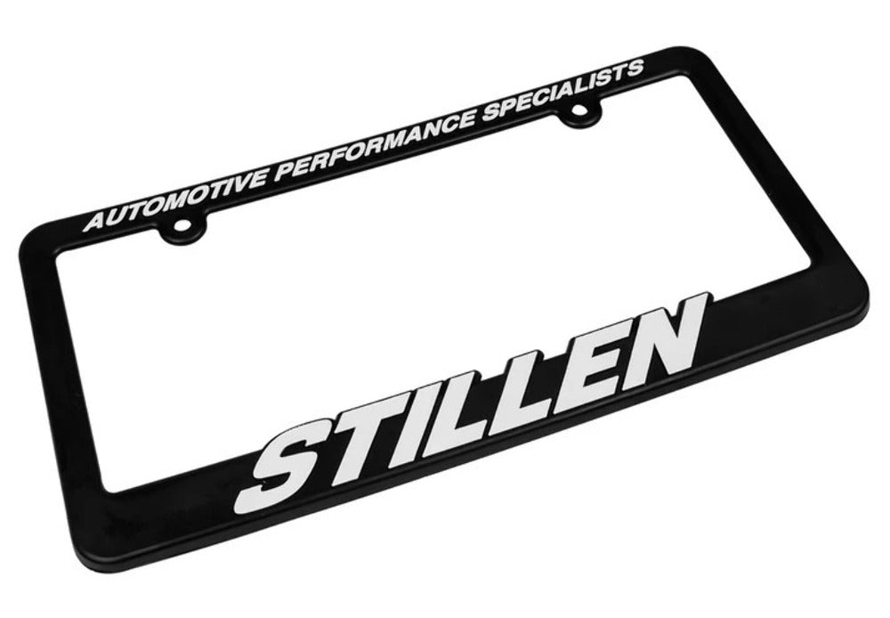 STILLEN black license plate frame with white text, universal fit
