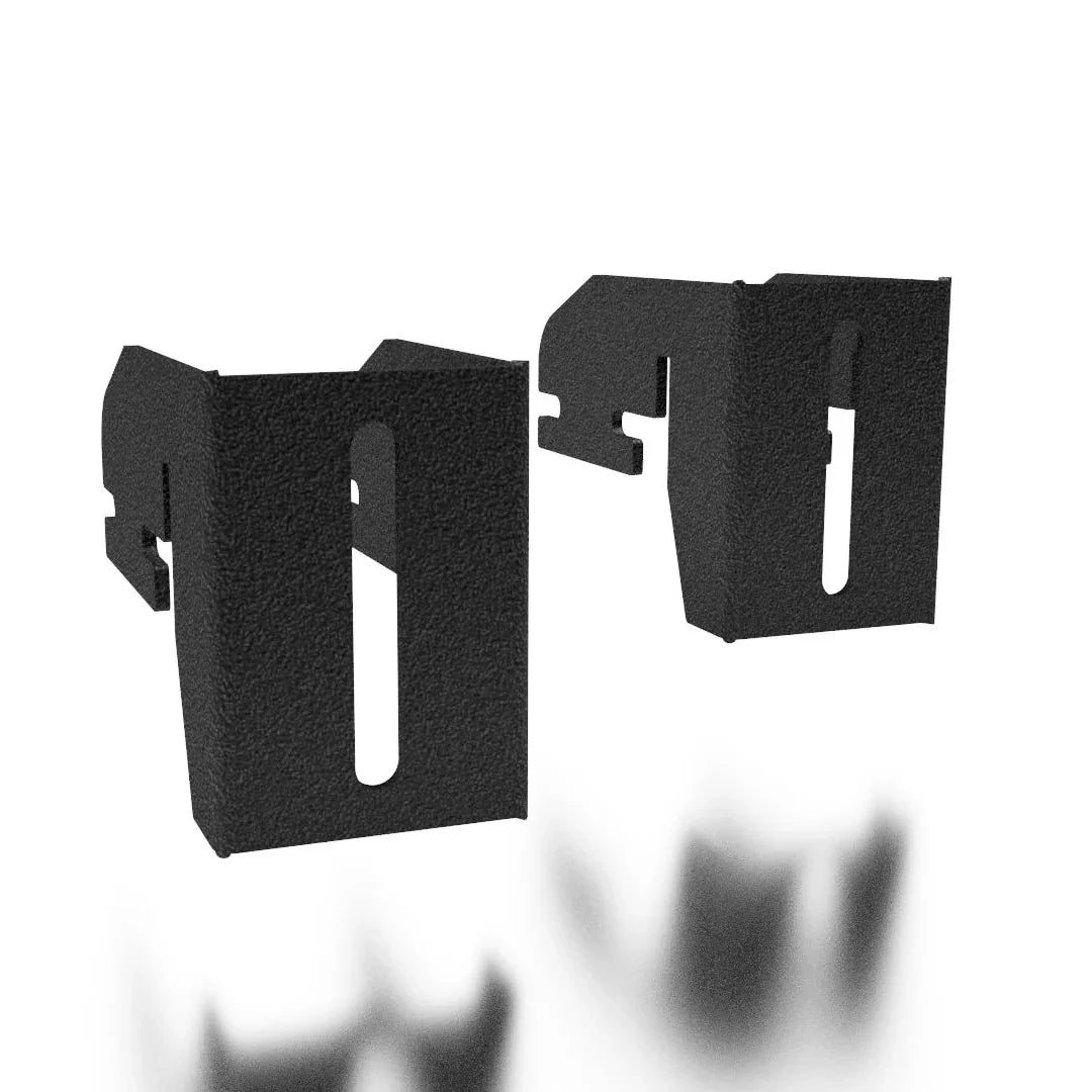Pair of black powder-coated steel awning mounting brackets for off-road vehicle racks