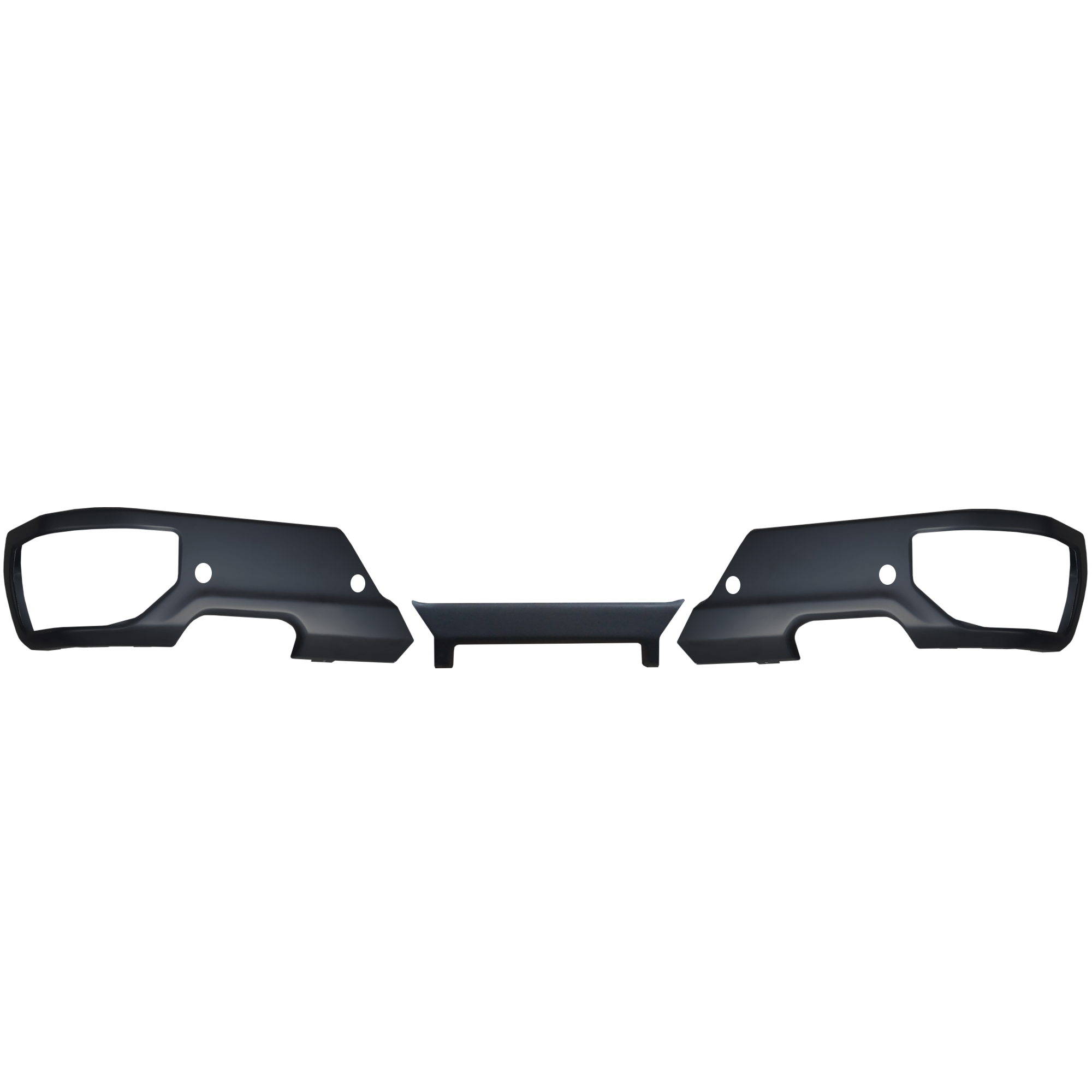 Rear Bumper Covers in Matte Black for the 2019-2024 CHevy Silverado and GMC Sierra with parking sensor holes and exhaust cut-outs, chrome delete kit