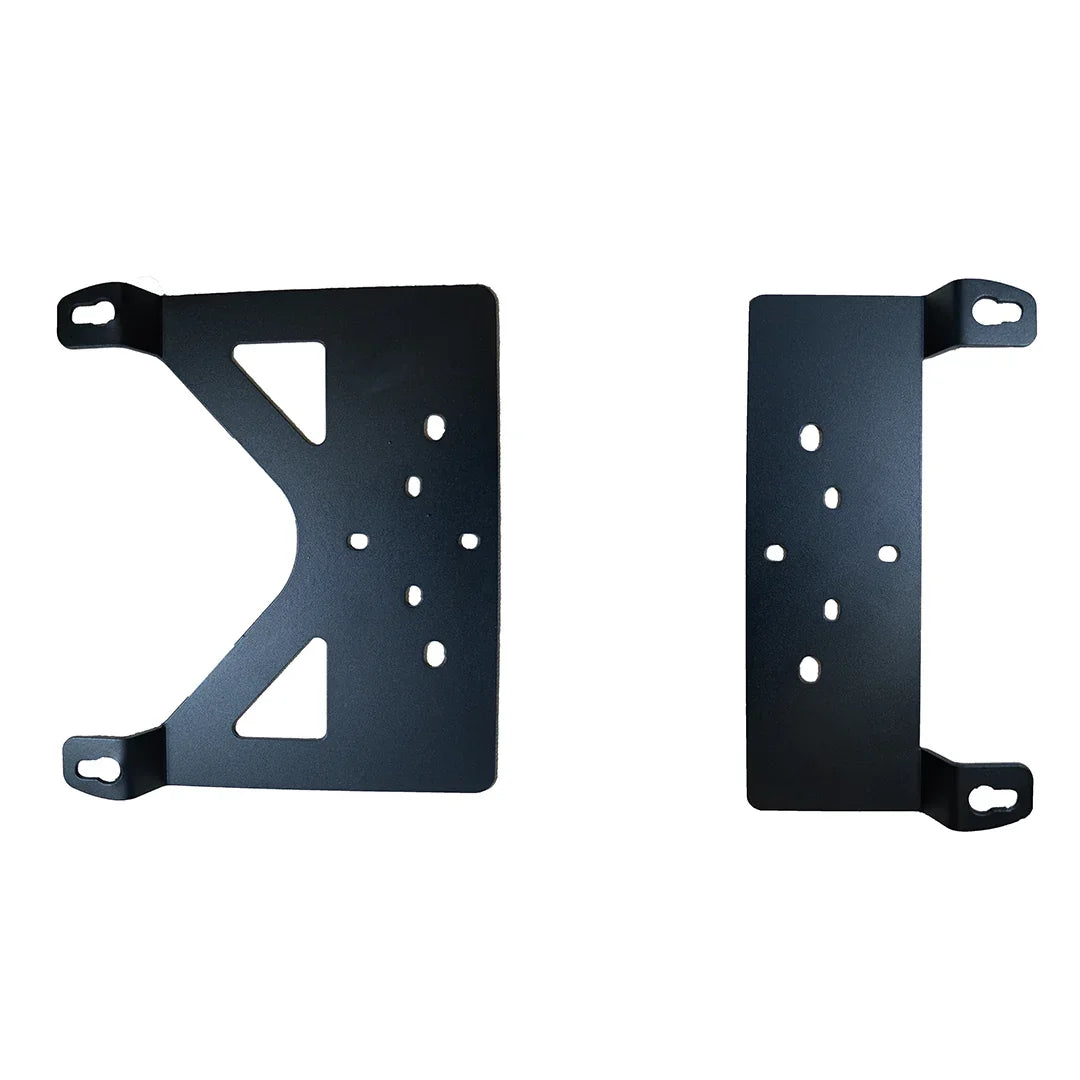 Black overland recovery track mounting brackets with multiple bolt holes on white background