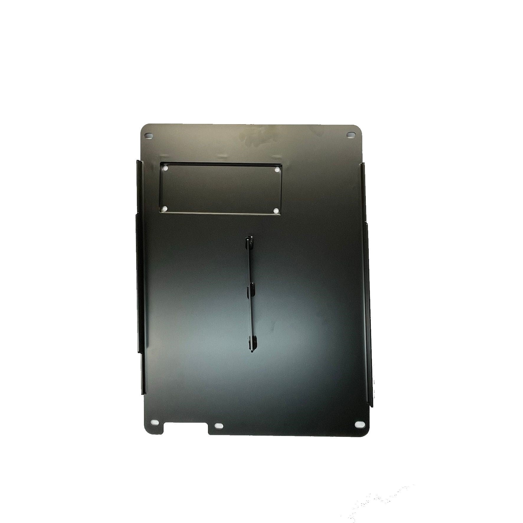Black metal middle skid plate for Ford Bronco 4-door 2021, flat surface with cutouts.