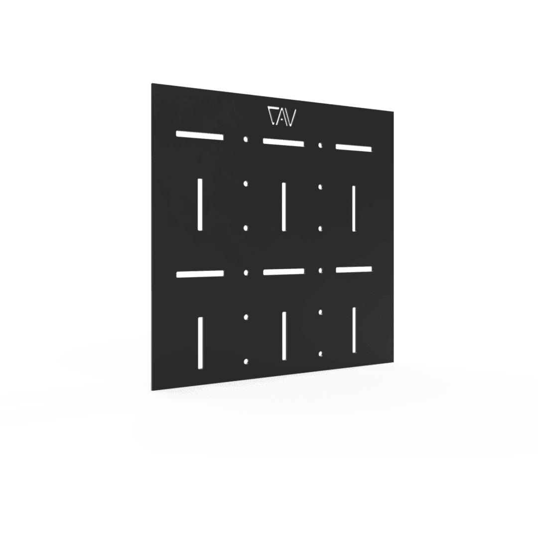 Black metal gear mounting panel with slots and holes for overland vehicle organization