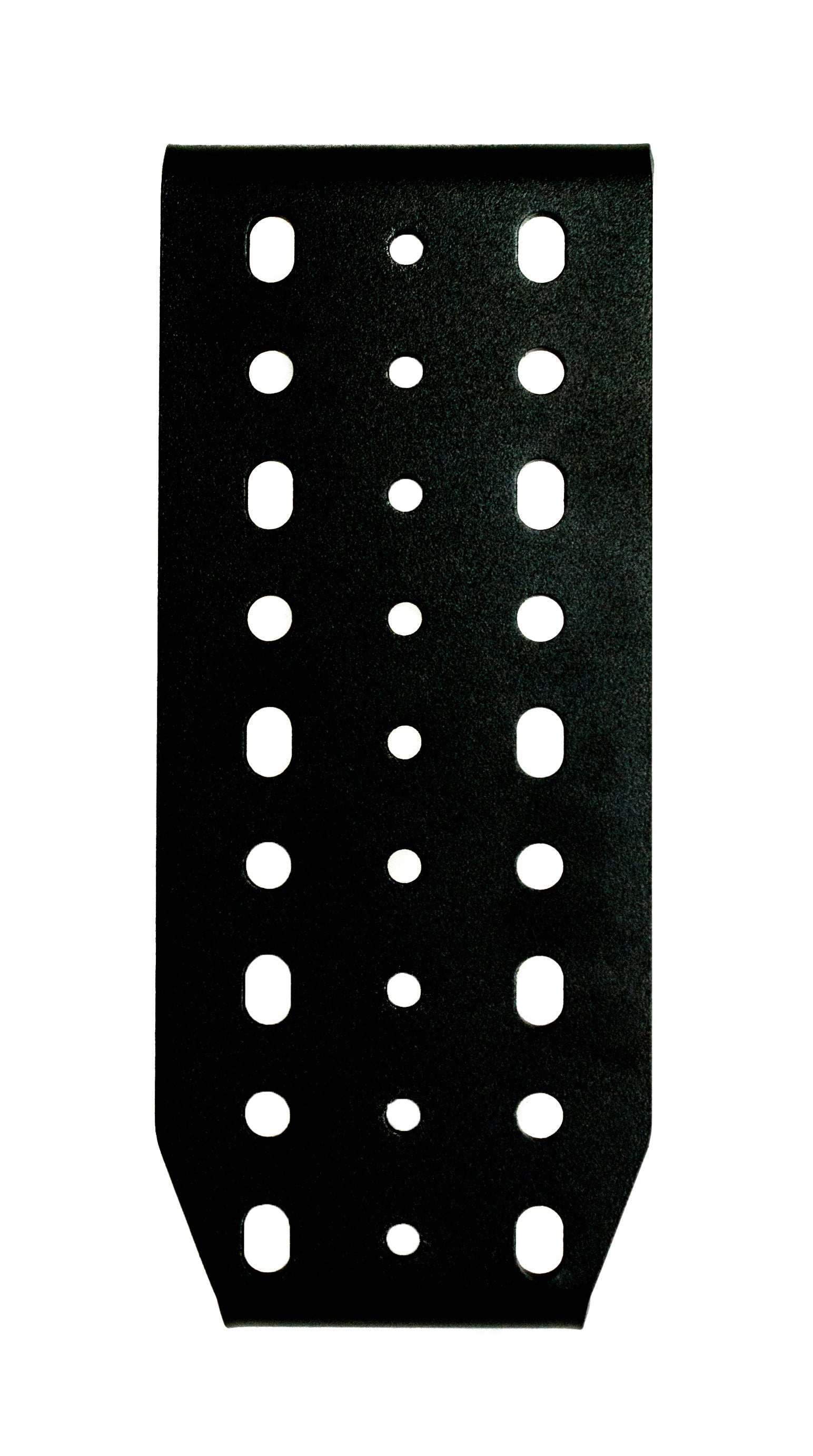 Black modular accessory mount extension plate with multiple holes for overlanding vehicles