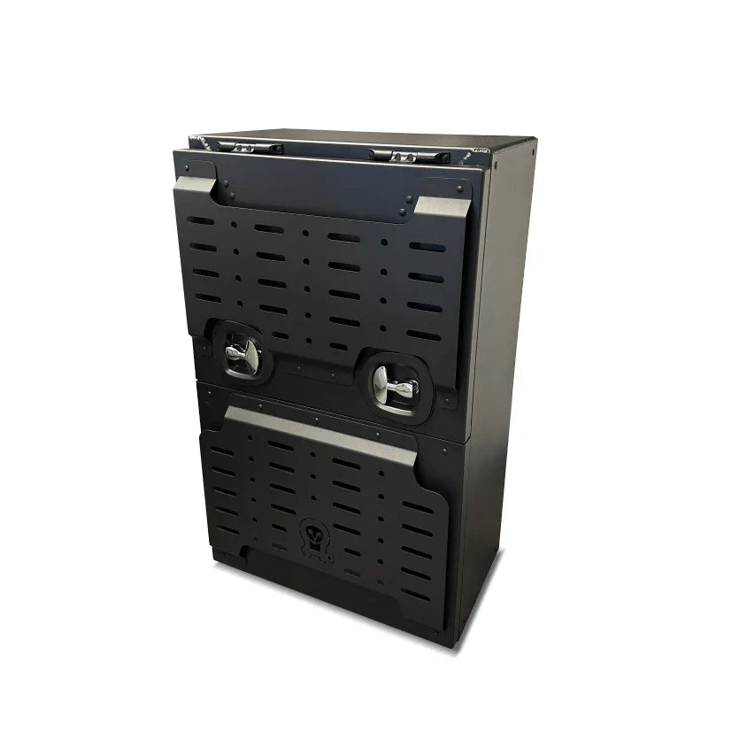 Black XL cargo box for overlanding and expedition vehicle storage with dual latches
