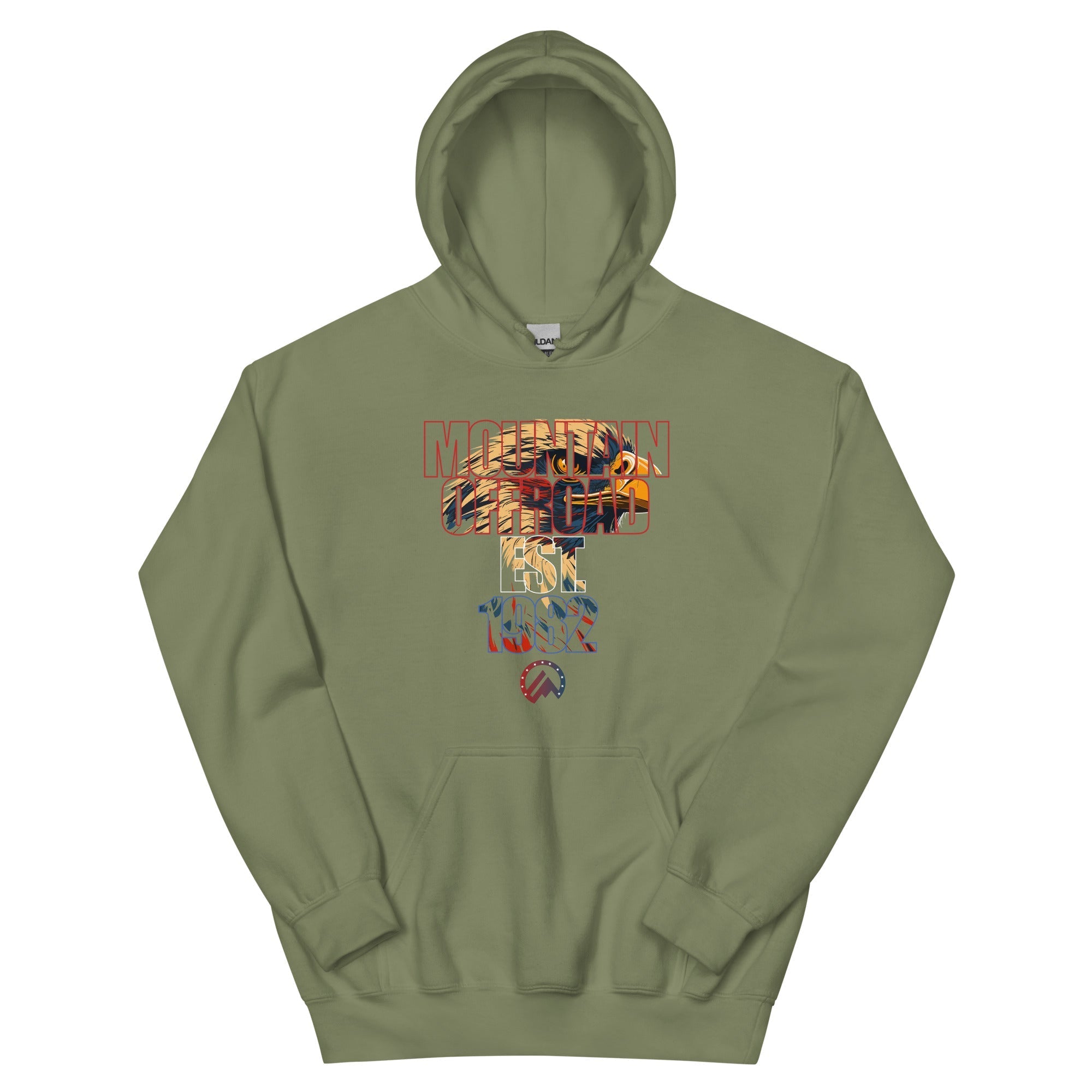 Olive green hoodie with Mountain Offroad Eagle graphic and bold wilderness text on chest
