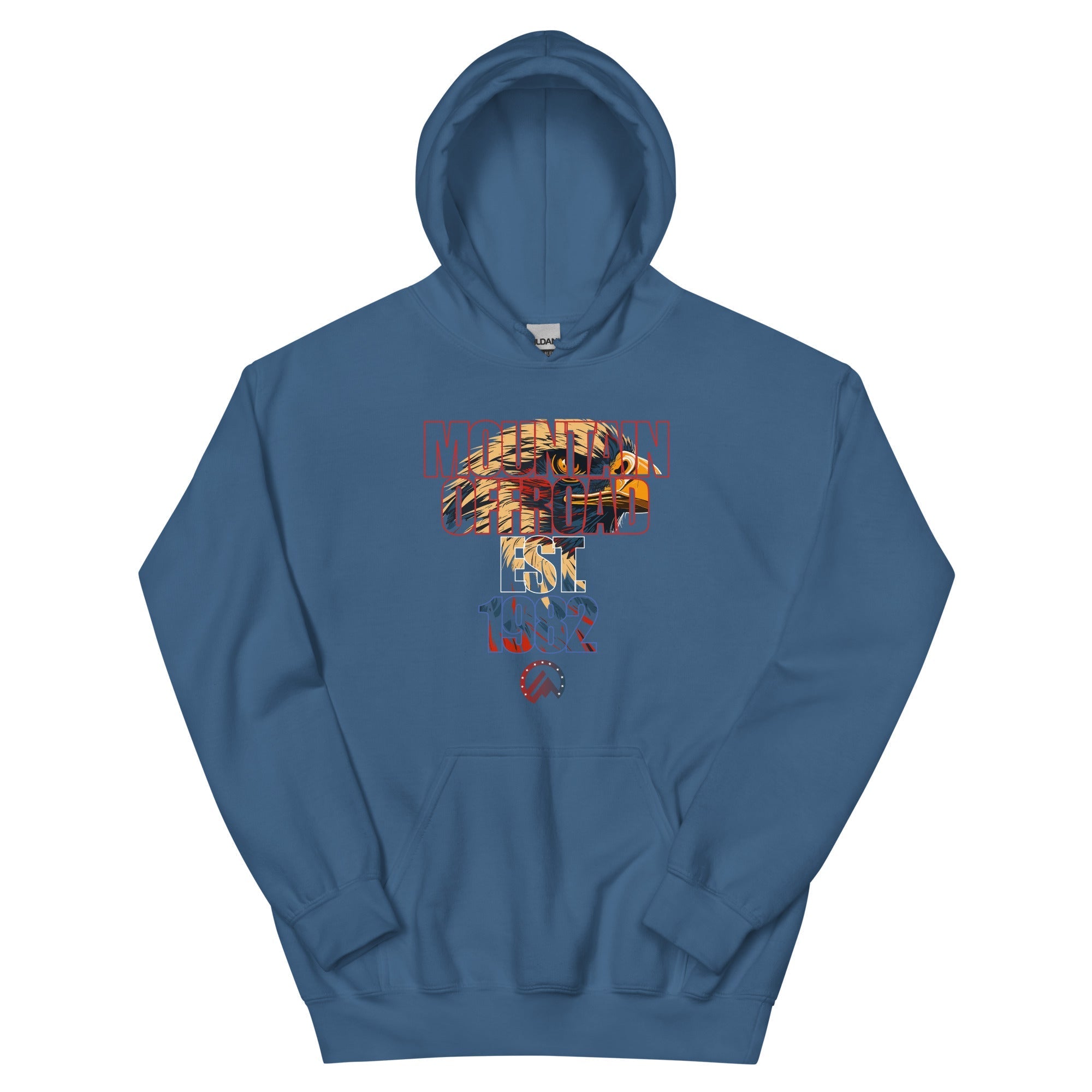 Blue hoodie with mountain eagle graphic and 'Mountain Offroad EST 1982' text on chest