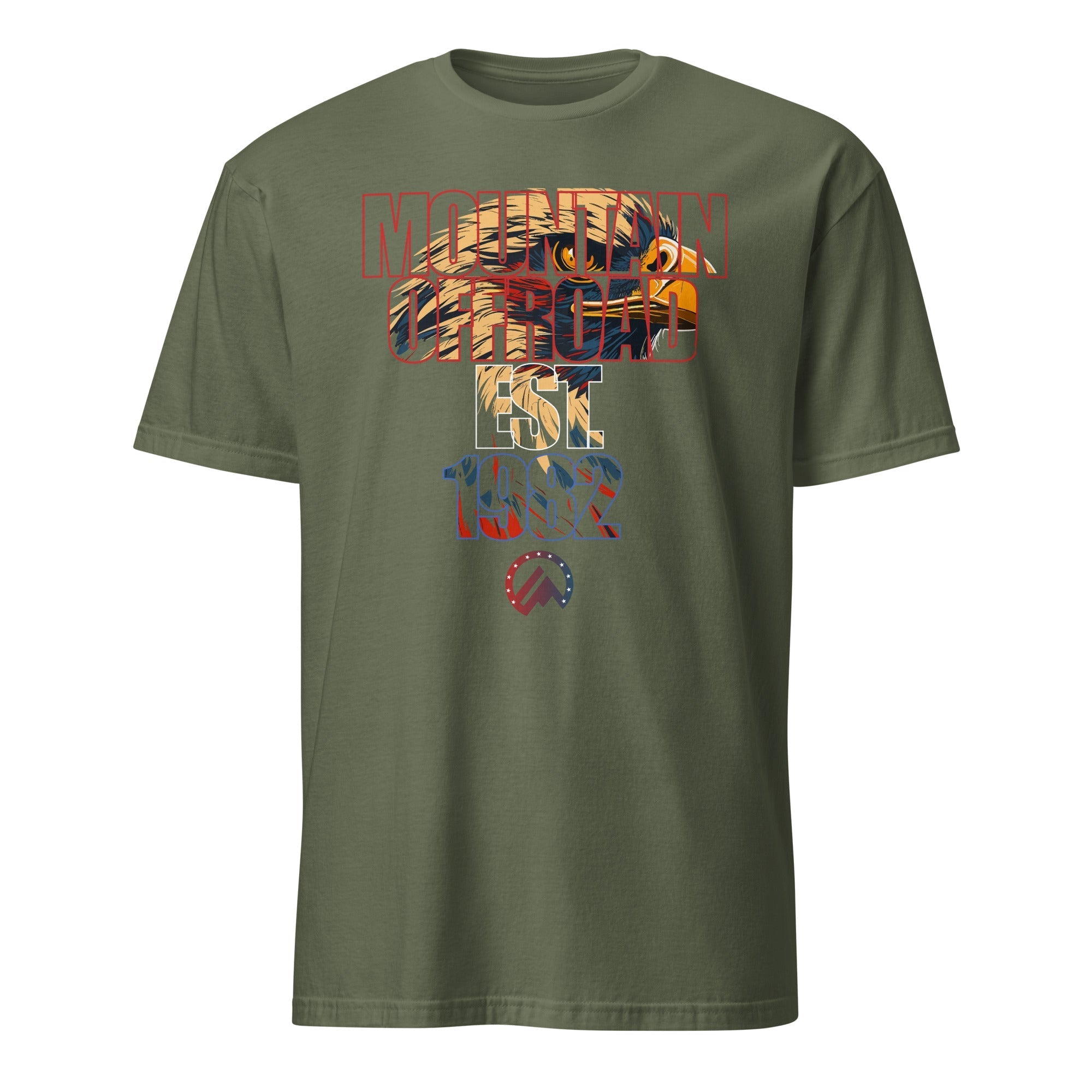 Olive green t-shirt with mountain offroad eagle graphic and 'EST. 1982' text