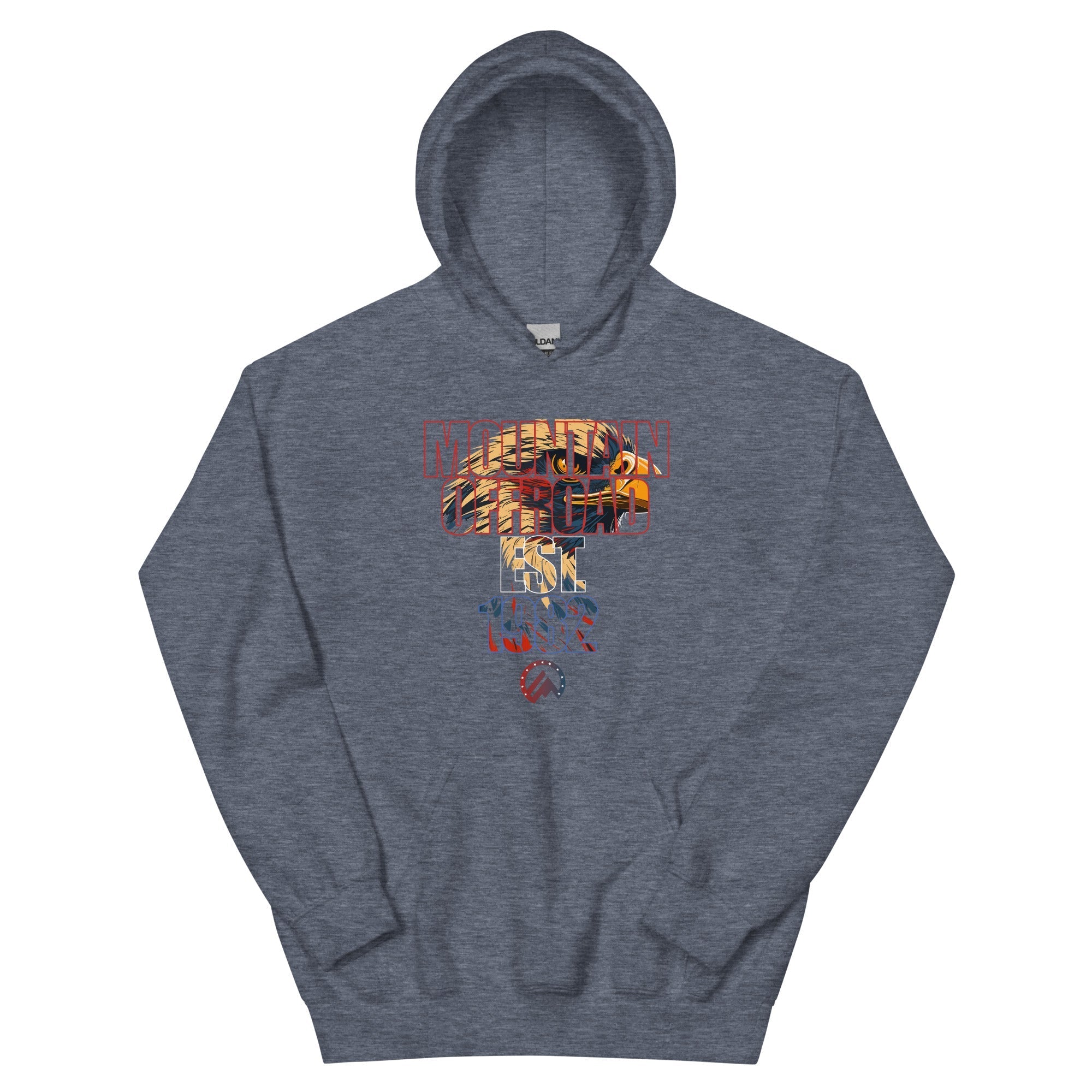Heather blue hoodie with mountain offroad eagle graphic and adventure text on front