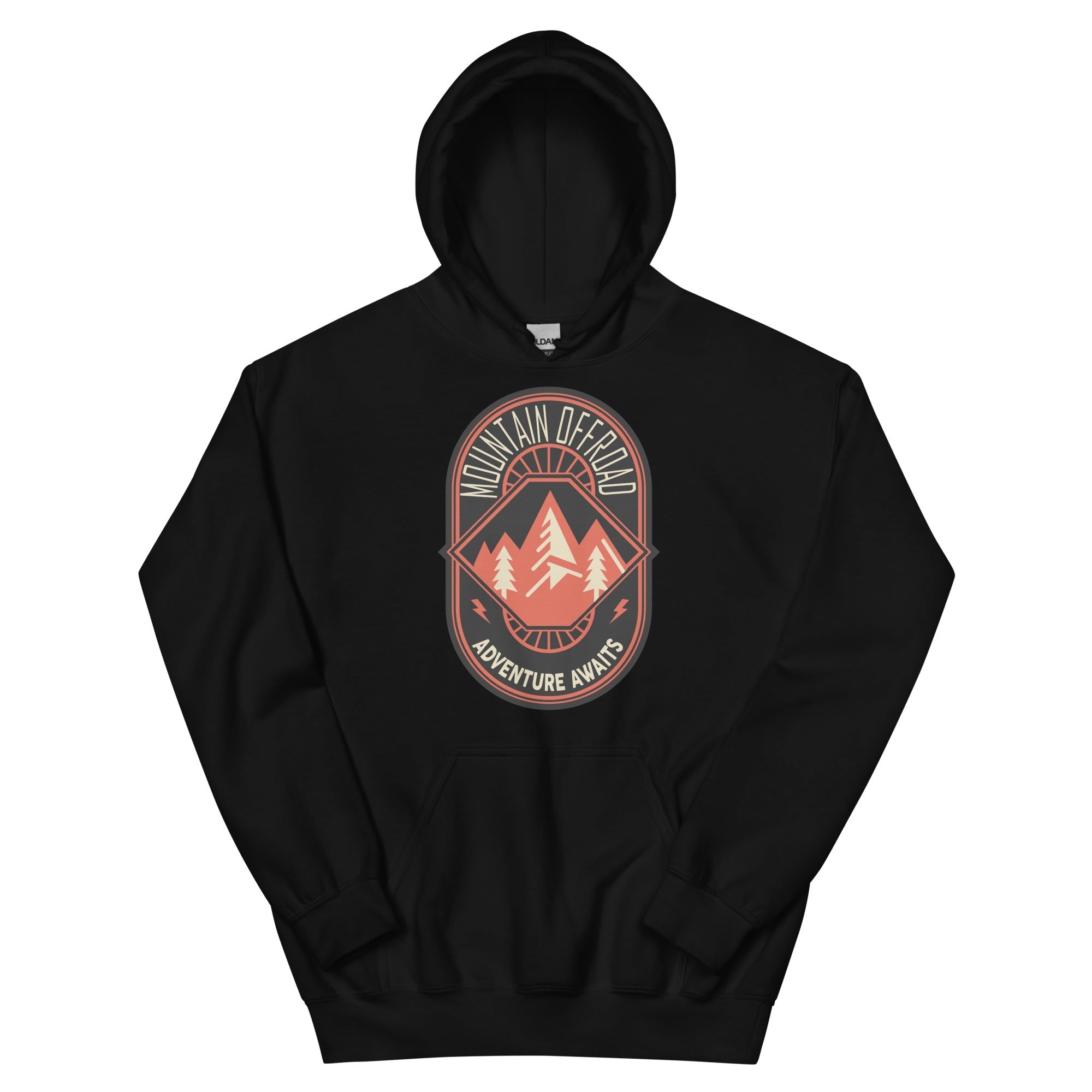 Black hoodie with 'Mountain Offroad Adventure Awaits' graphic and outdoor mountain design