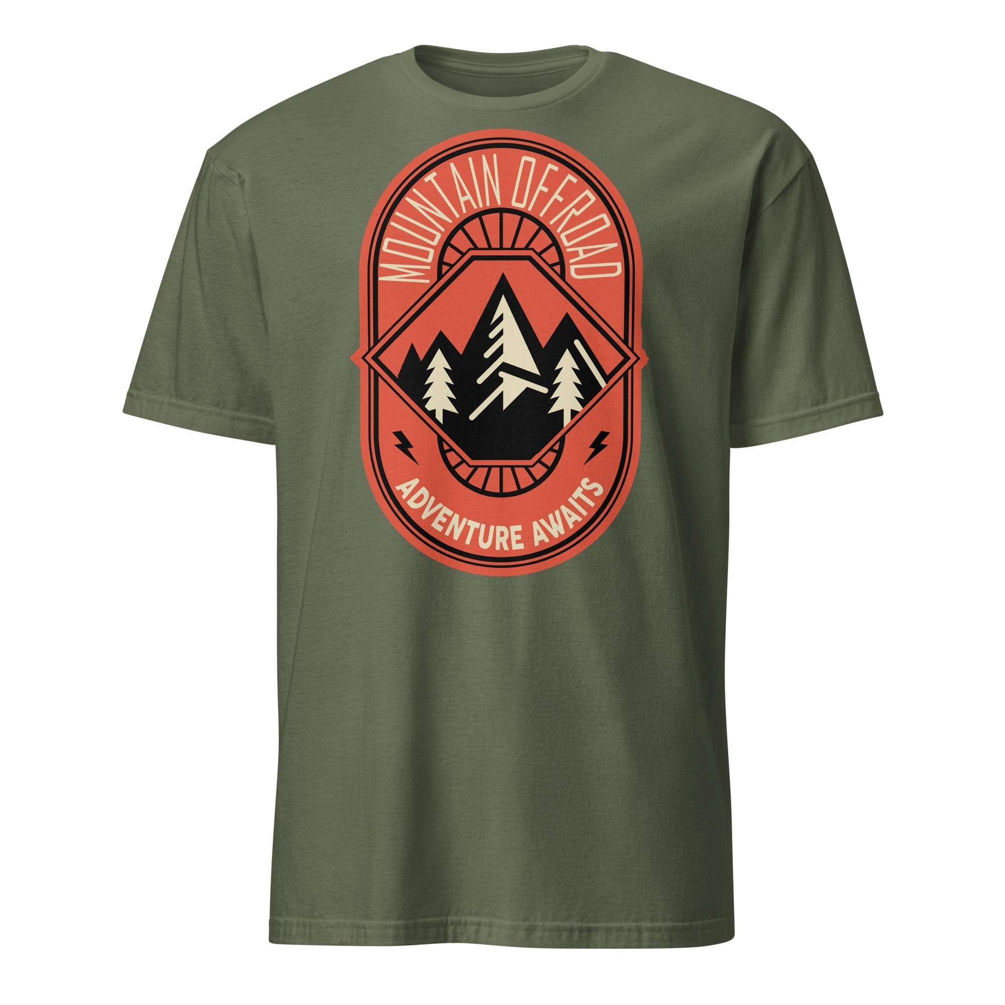 Olive green t-shirt with Mountain Offroad Adventure Awaits graphic, camping and overland design