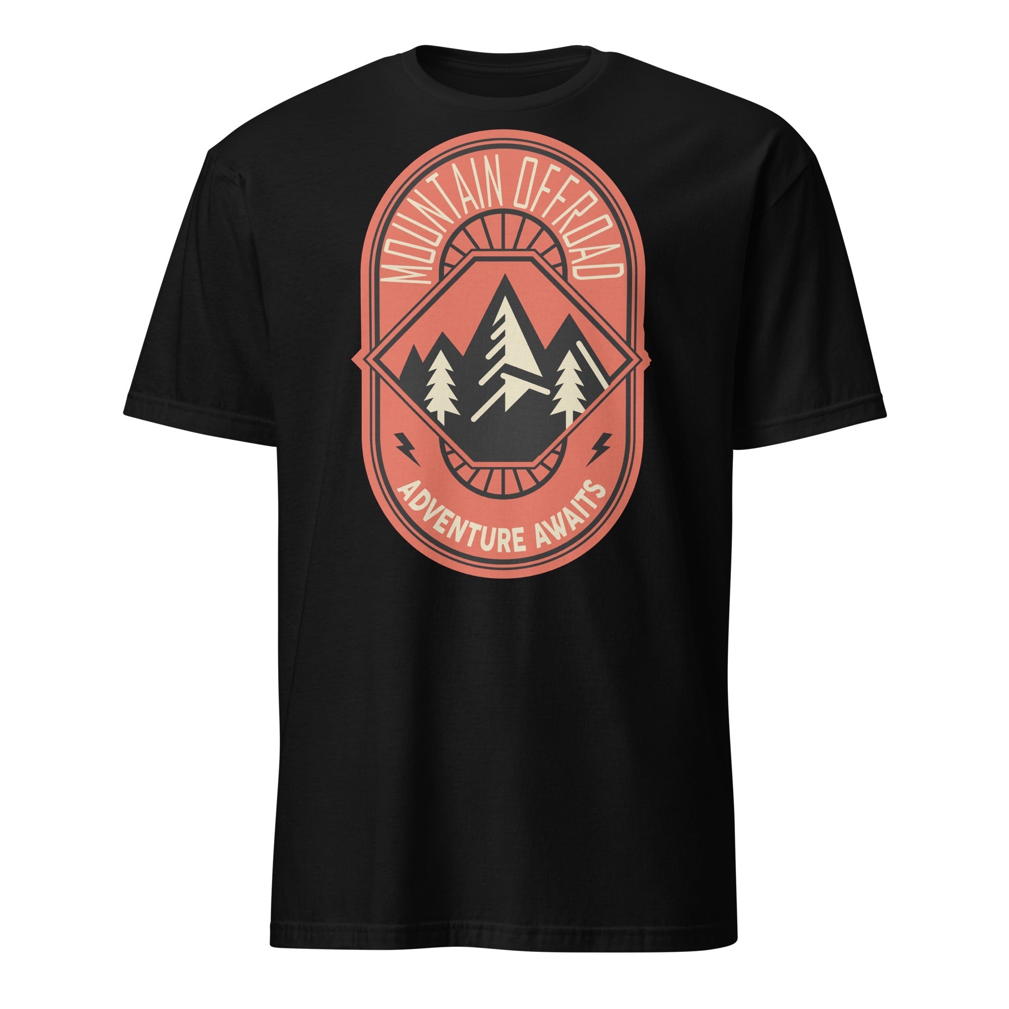 Black t-shirt with mountain offroad adventure awaits graphic in red and beige