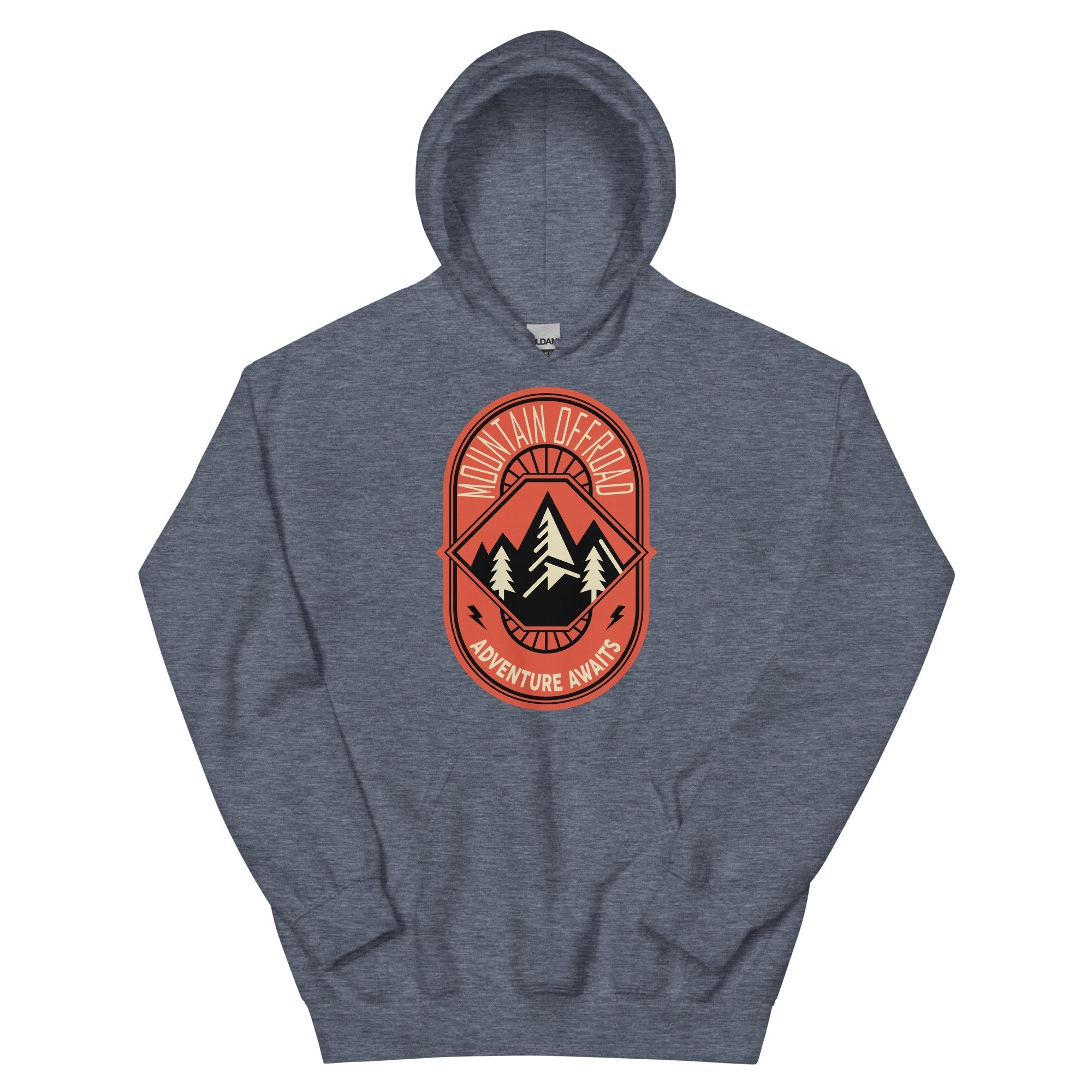 Gray hoodie with Mountain Offroad Adventure Awaits badge and mountain graphic