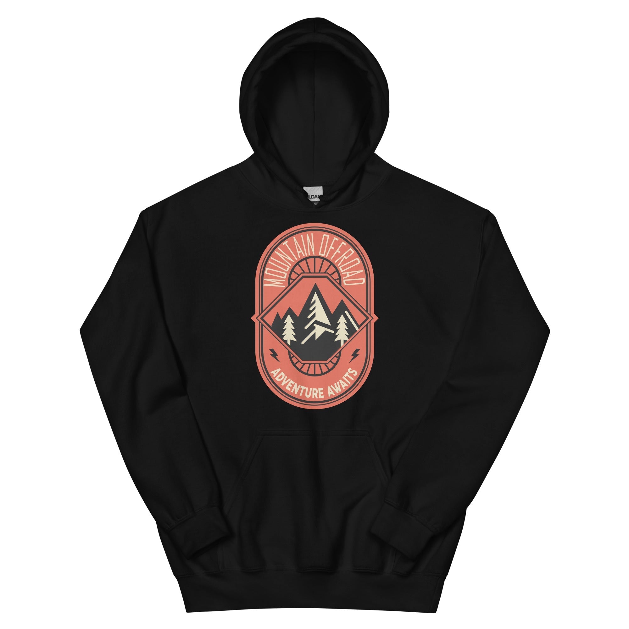 Black hoodie with Mountain Offroad Adventure Awaits graphic and pine tree mountain design