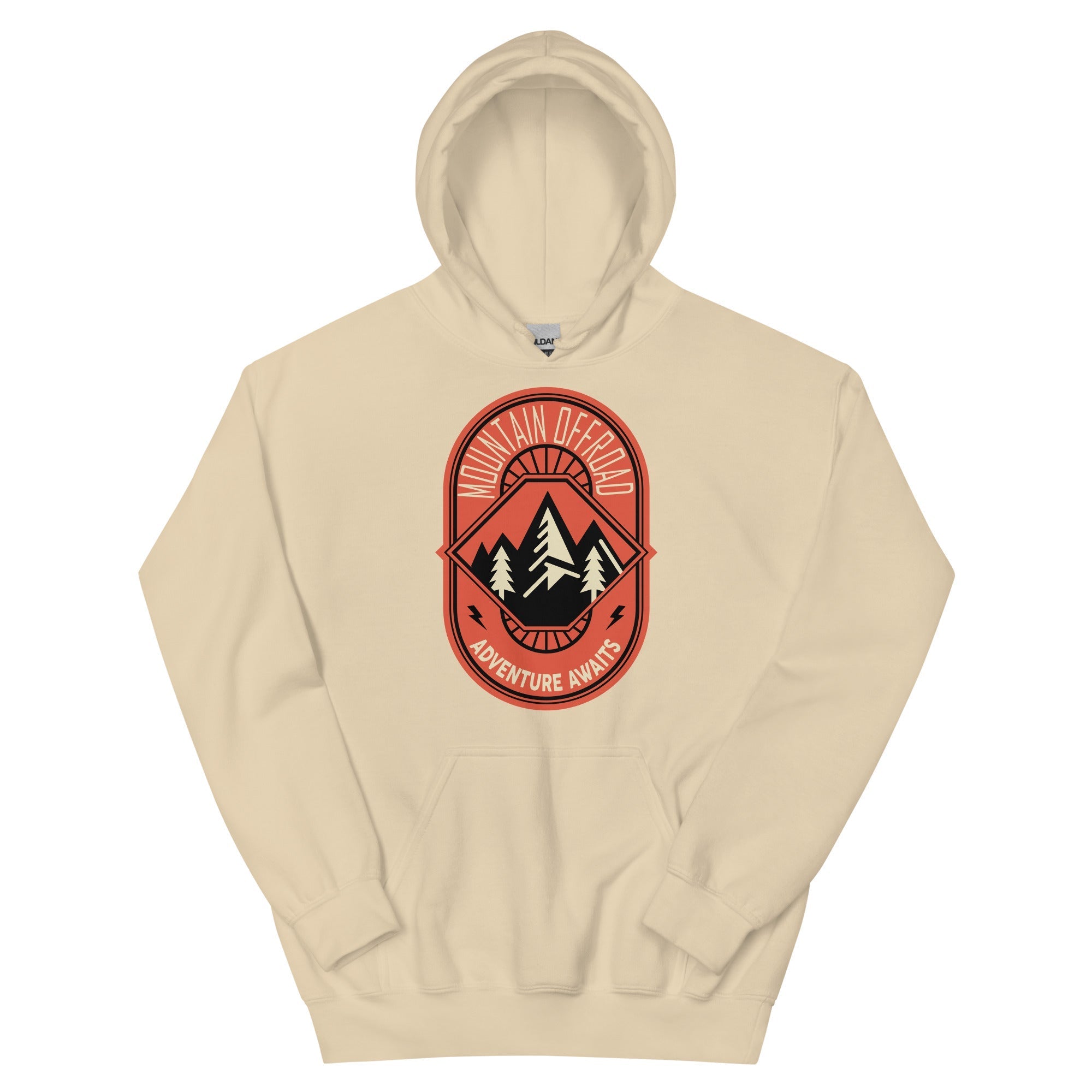 Beige hoodie with Mountain Offroad Adventure Awaits graphic and pine tree design