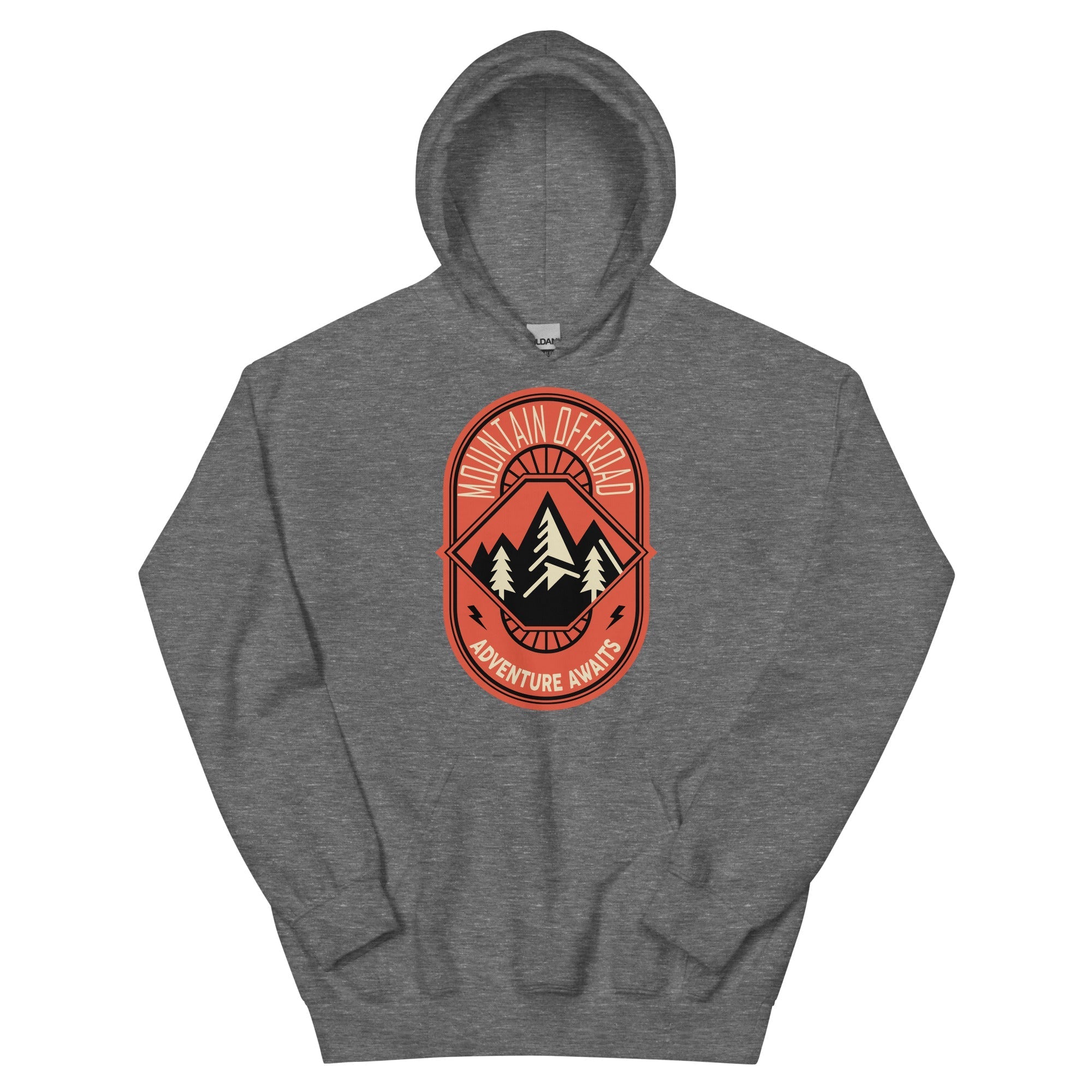 Gray hoodie with orange mountain offroad adventure patch and pine tree graphic on chest