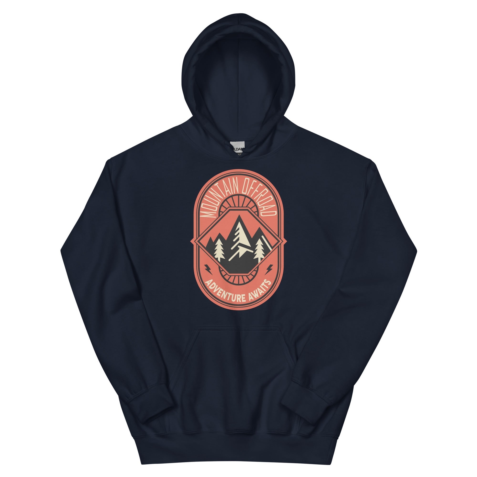 Navy hoodie with mountain offroad adventure awaits badge and pine tree graphic