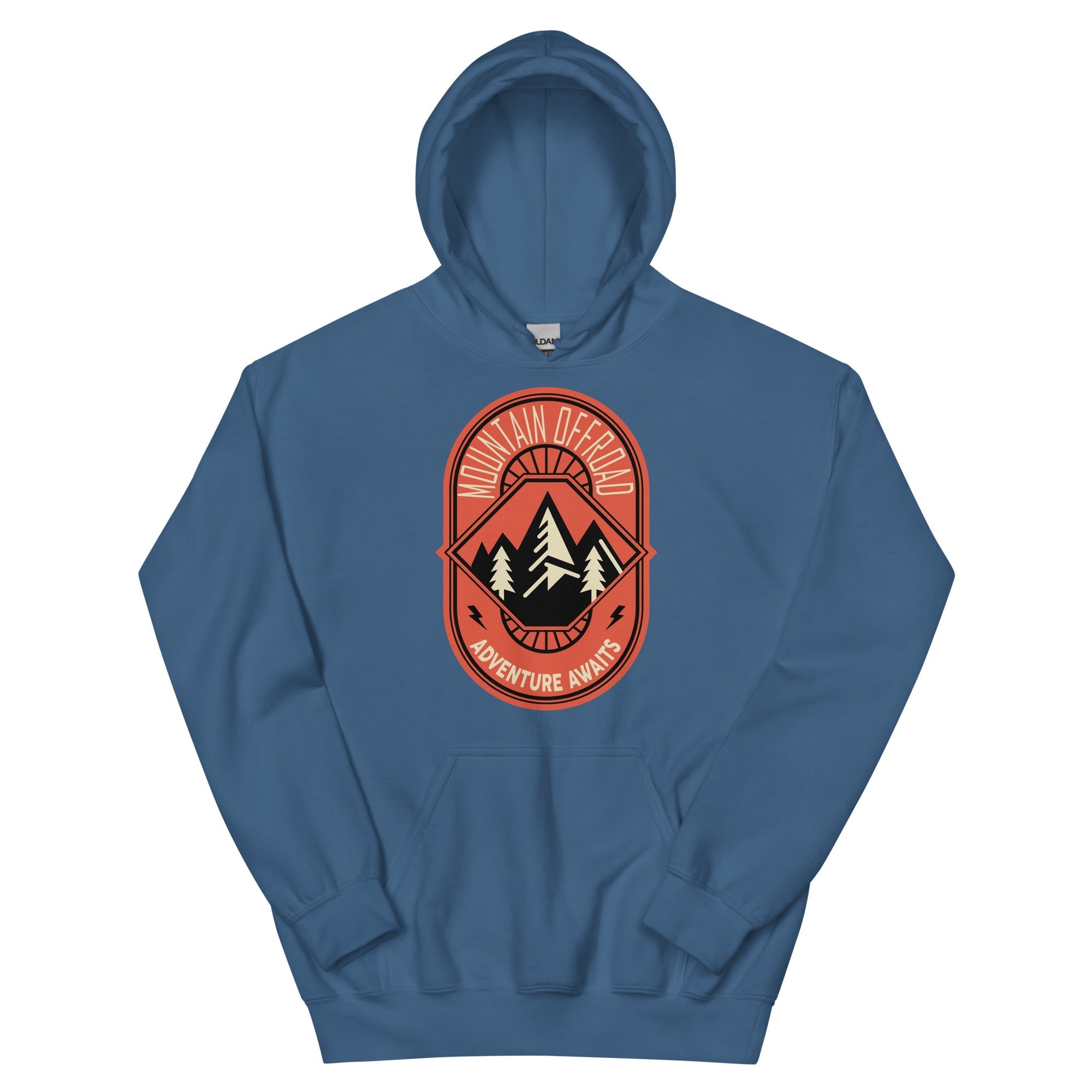 Blue offroad adventure hoodie with mountain and pine tree graphic, 'Adventure Awaits' text