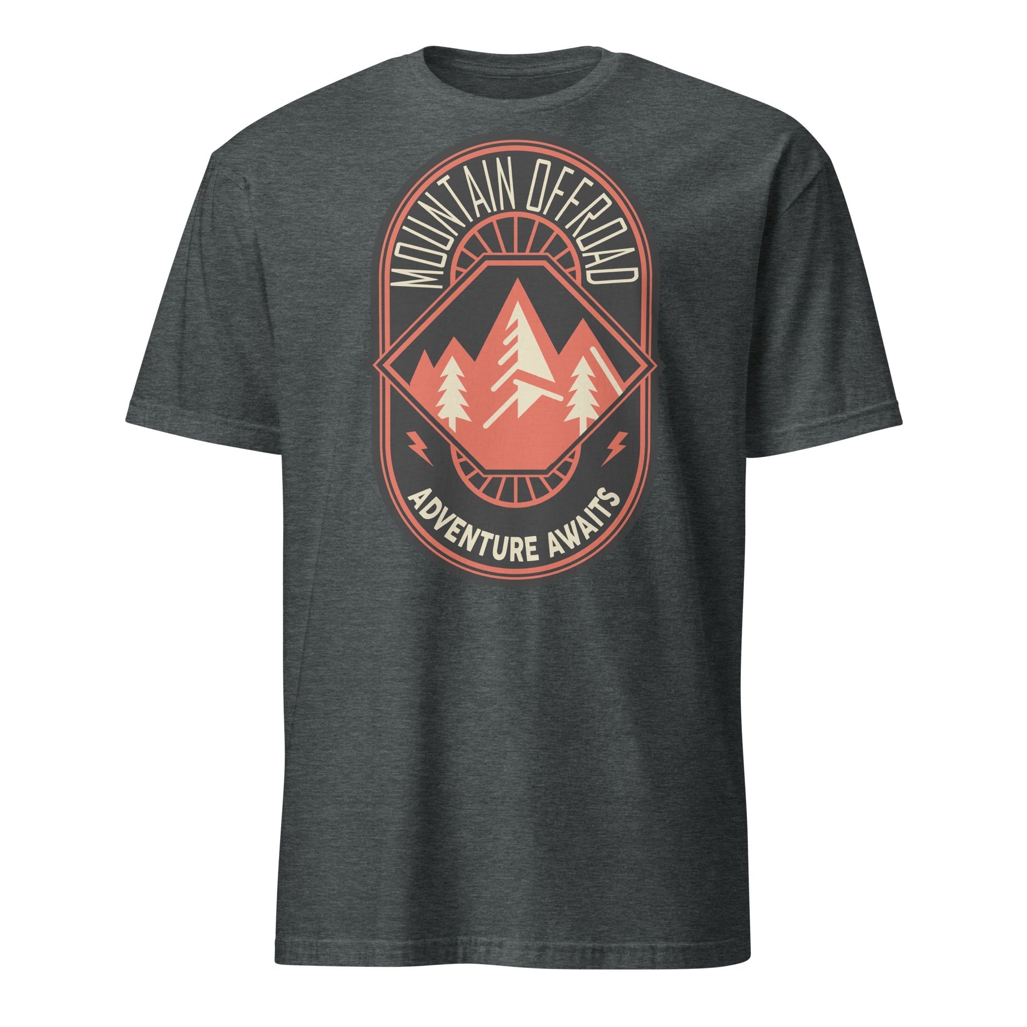 Dark gray t-shirt with 'Mountain Offroad Adventure Awaits' camping graphic and pine trees.