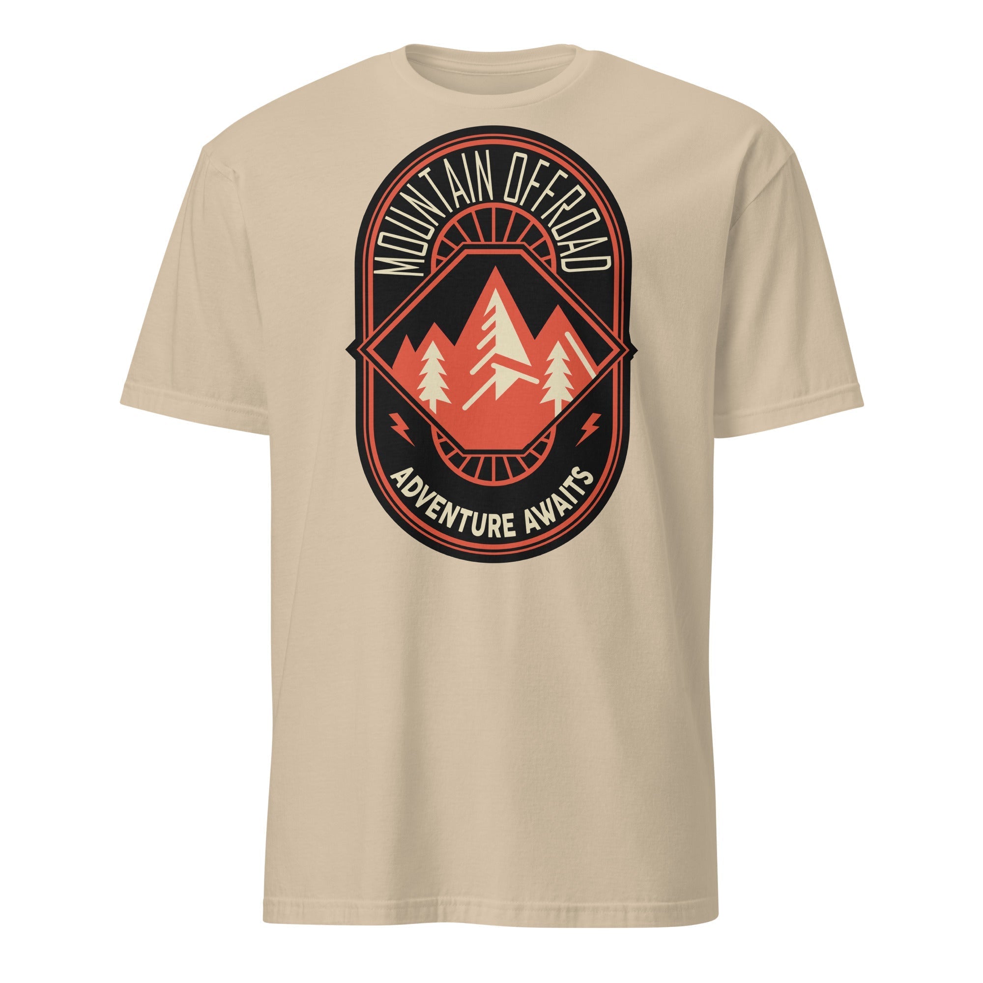 Beige t-shirt with Mountain Offroad Adventure Awaits graphic, featuring mountains and trees.