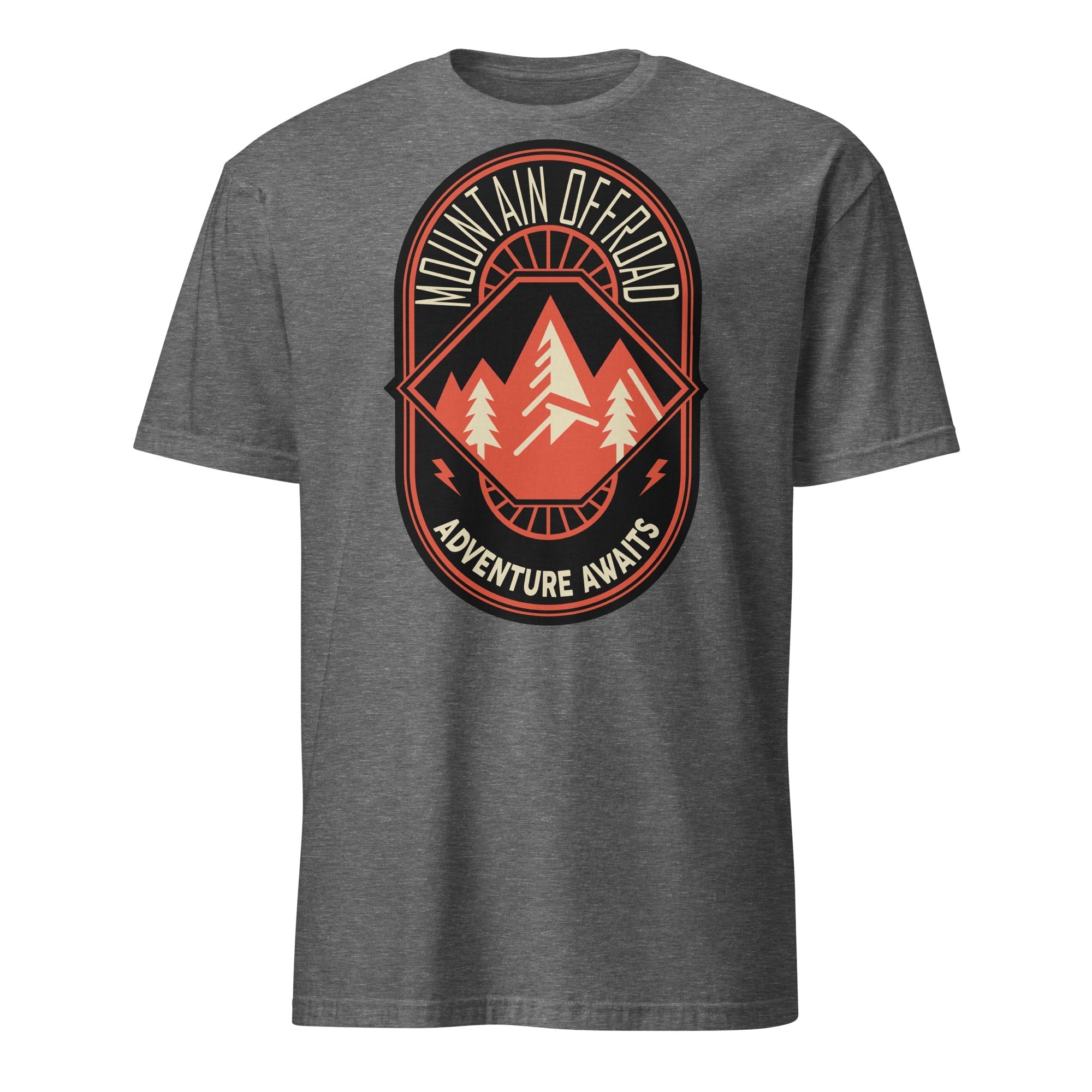 Gray t-shirt featuring Mountain Offroad Adventure Awaits graphic with mountain and trees.
