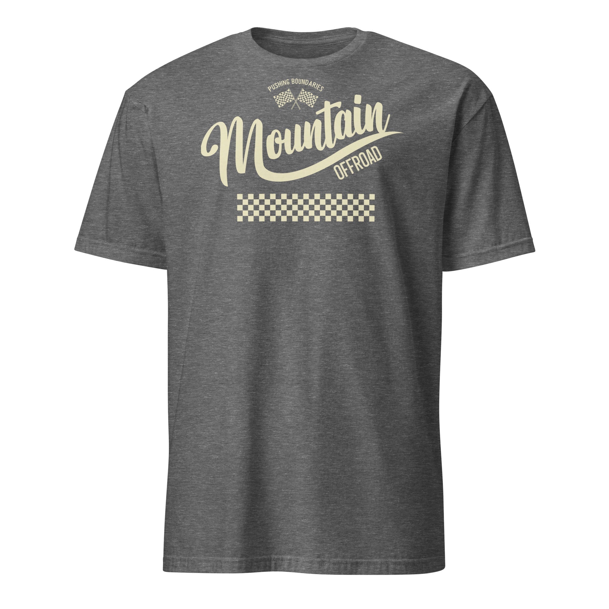 Gray t-shirt with 'Mountain Offroad' graphic, checkered racing stripes, adventure theme