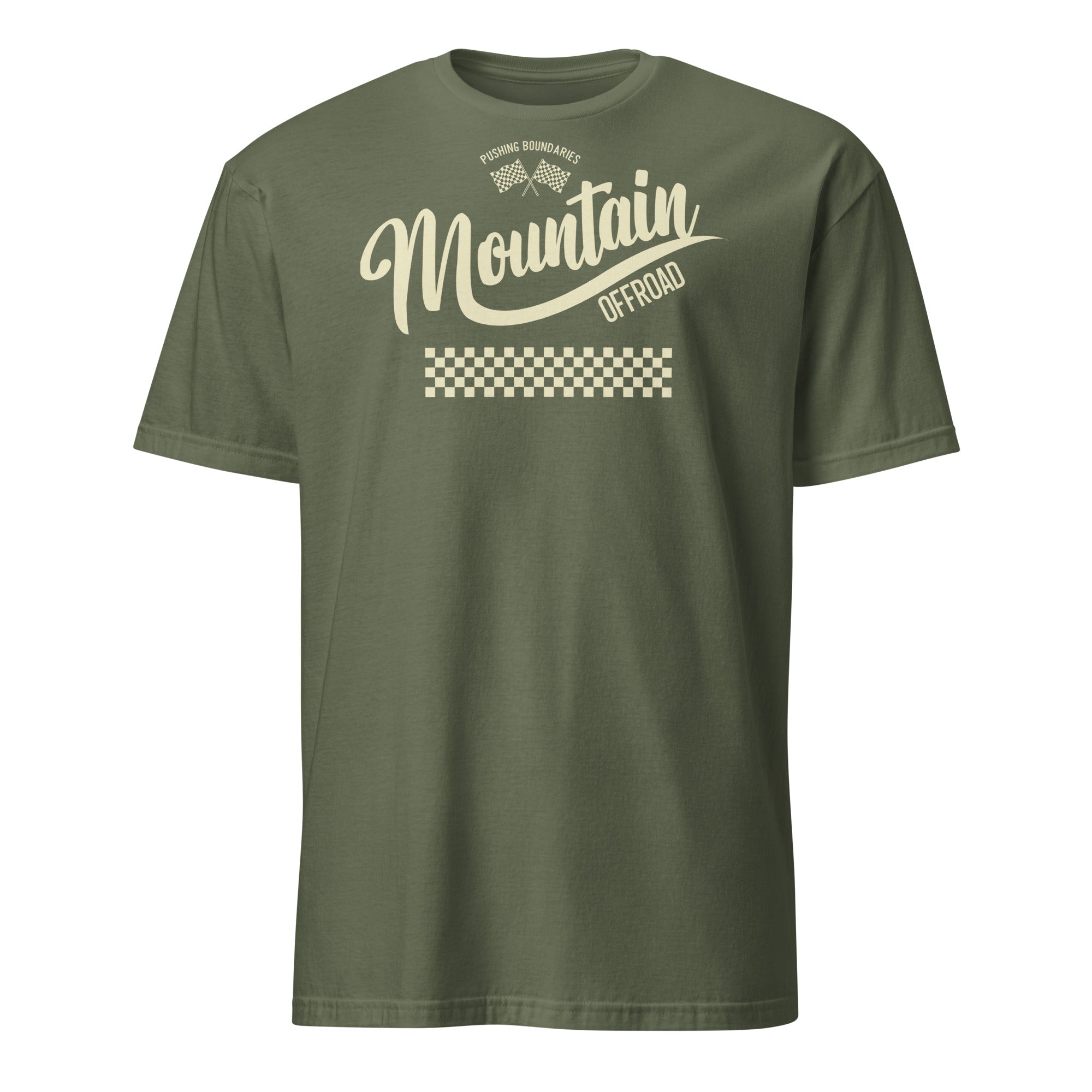 Olive green t-shirt with 'Mountain Offroad' lettering and checkered racing stripes graphic