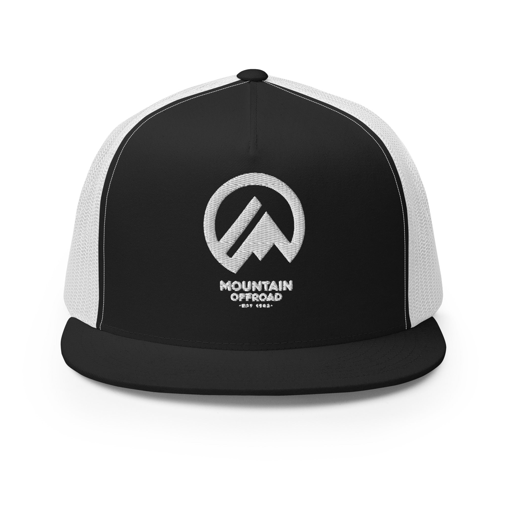 Black and white snapback hat with Mountain Offroad logo and mesh back panel