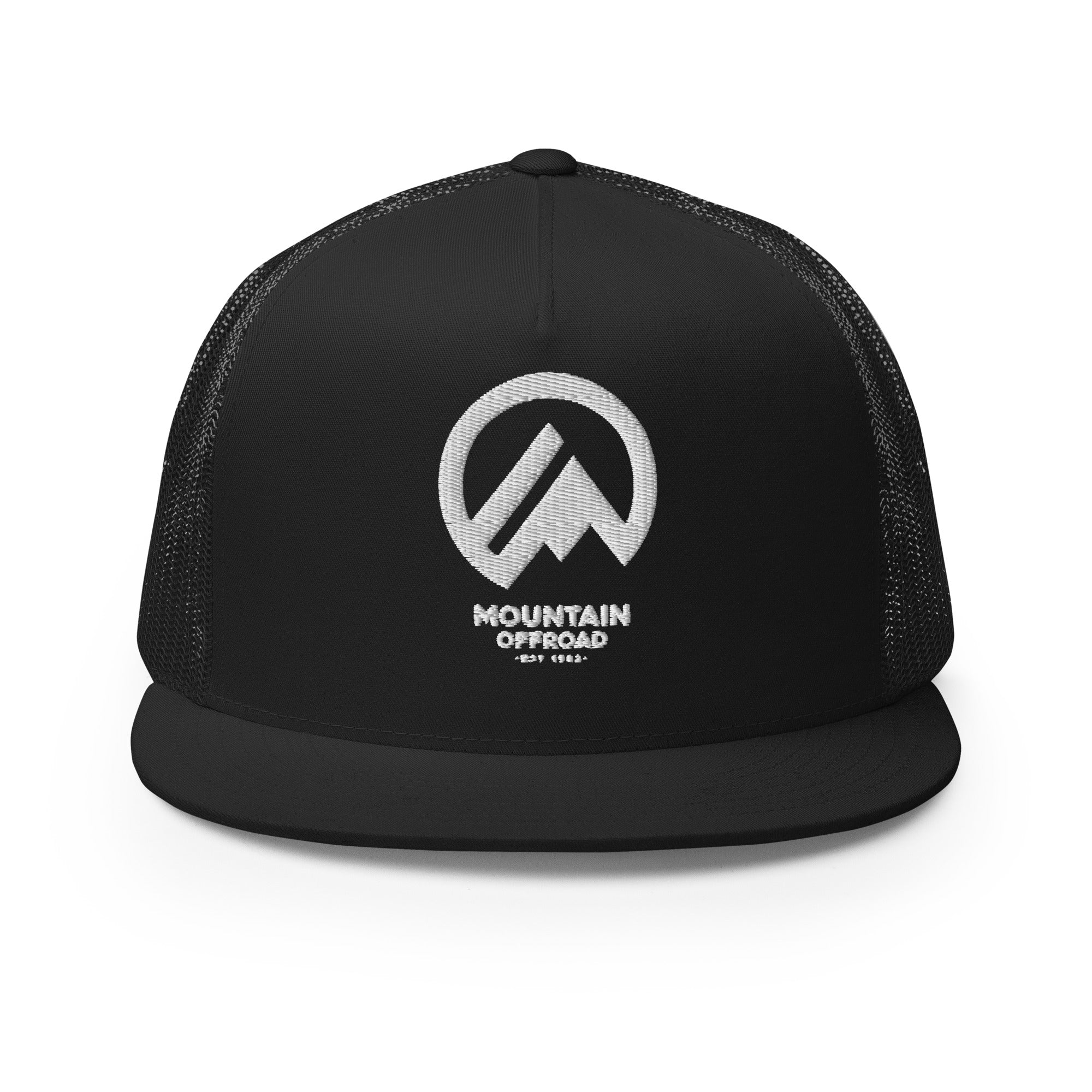 Black mesh snapback hat with white Mountain Offroad logo, flat bill, front view