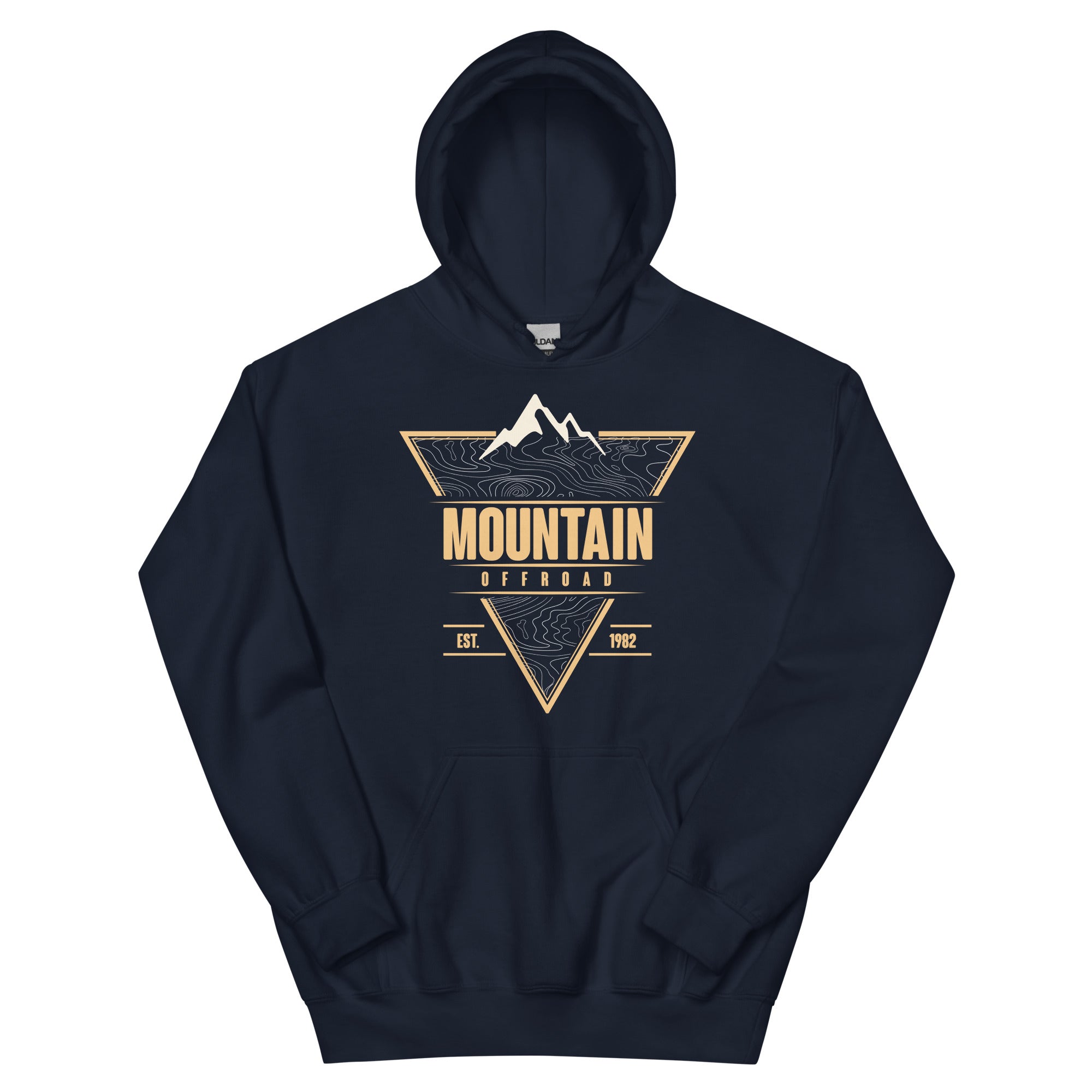 Navy hoodie with mountain offroad graphic and topographic design for outdoor adventure