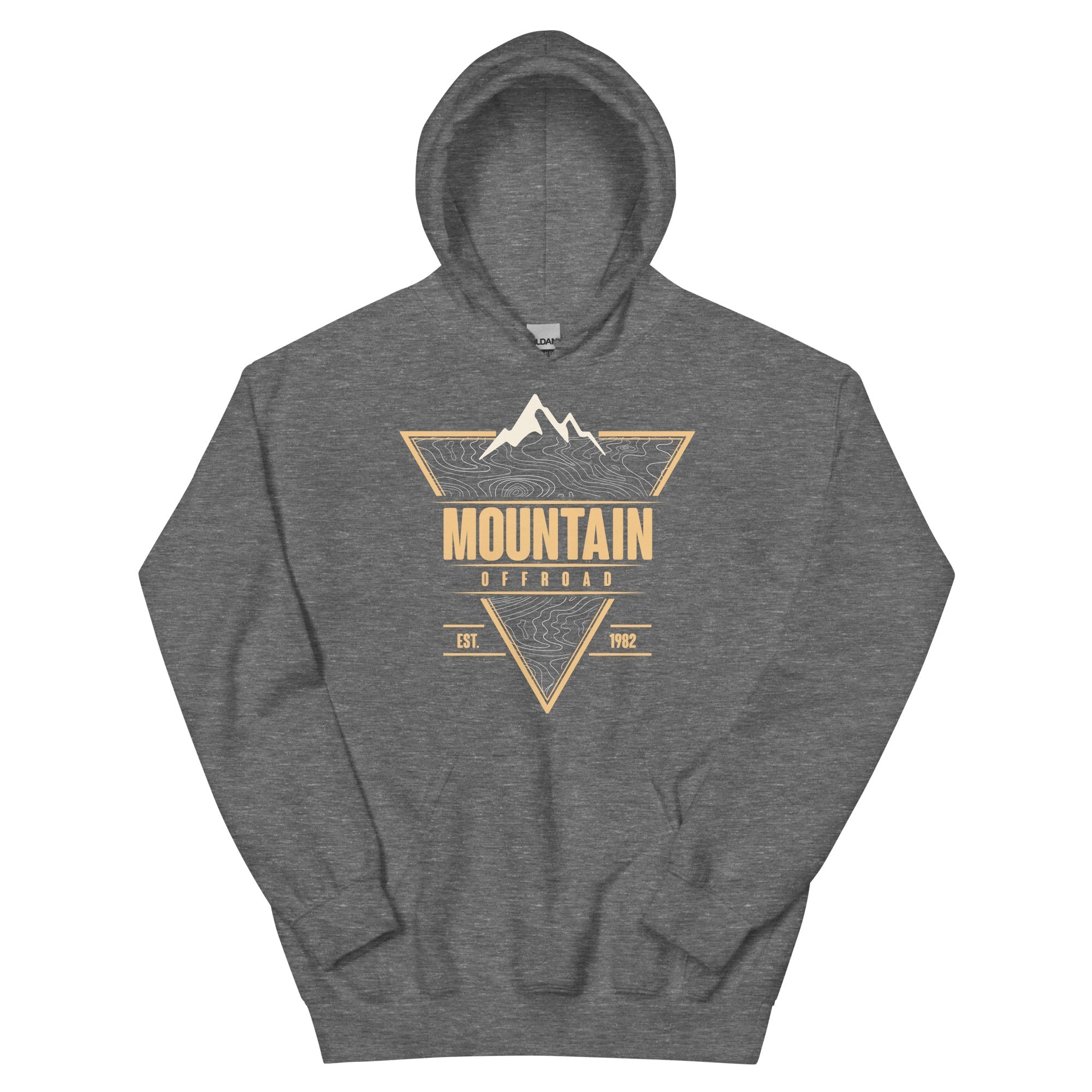 Gray hoodie with mountain offroad graphic and topo map design, adventure gear apparel