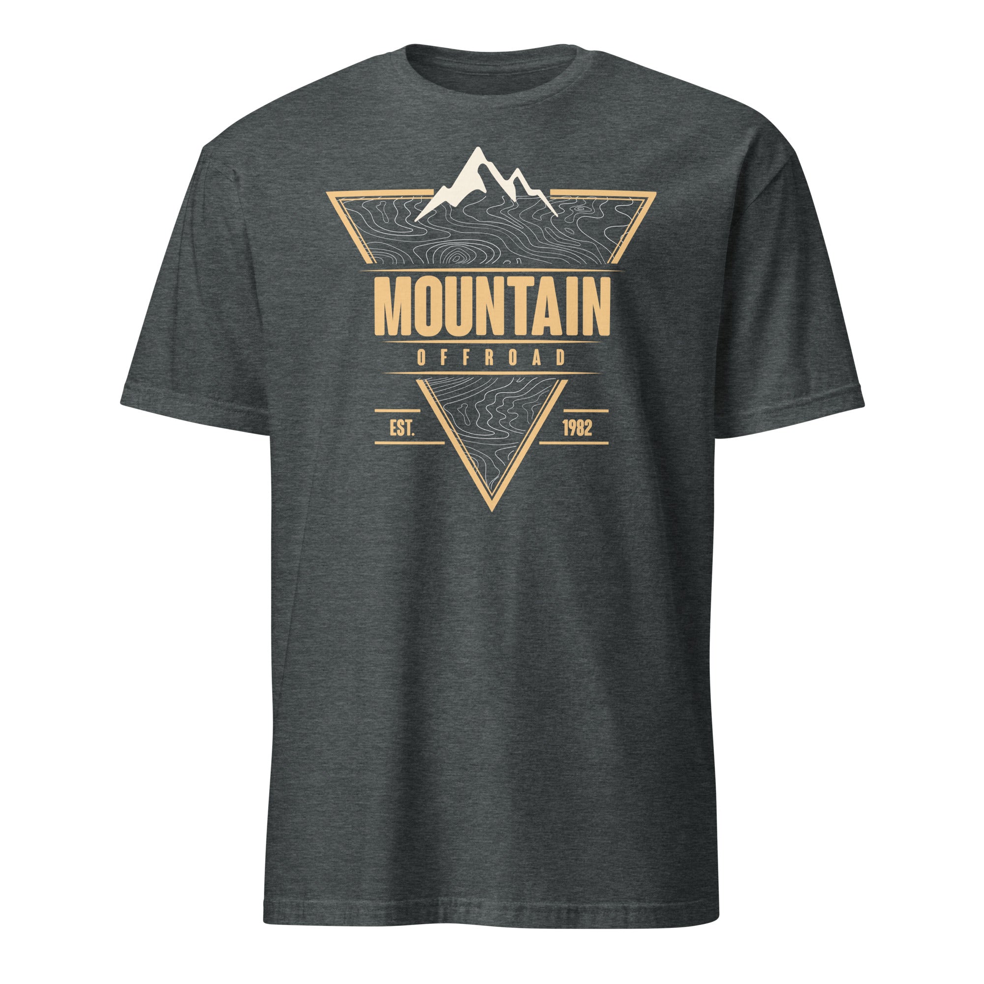 Grey t-shirt with mountain offroad graphic and topographic design, outdoor adventure style