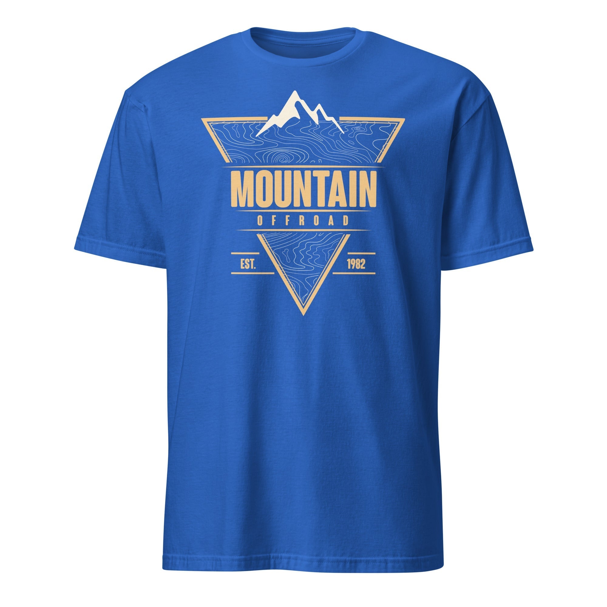 Blue t-shirt with Mountain Offroad graphic and topo map design, outdoor camping style