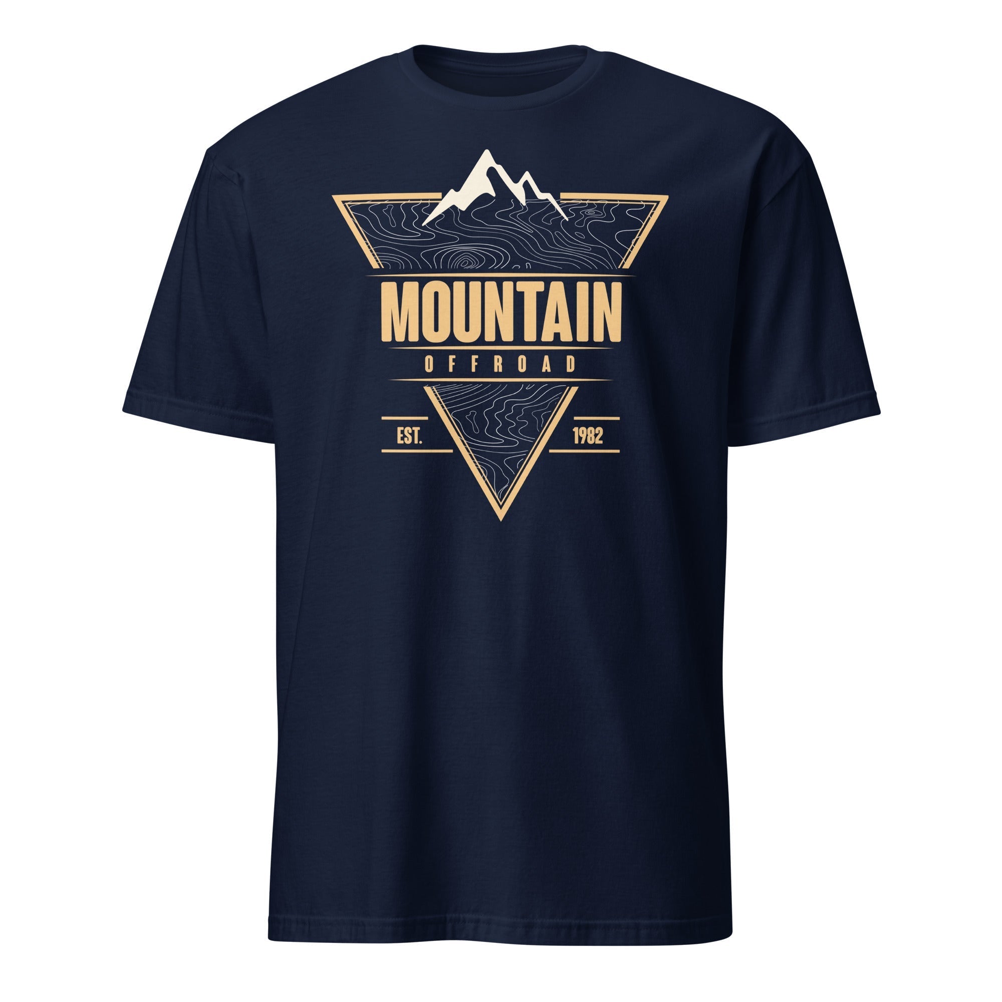 Navy blue t-shirt with mountain offroad graphic and topographic design, adventure apparel