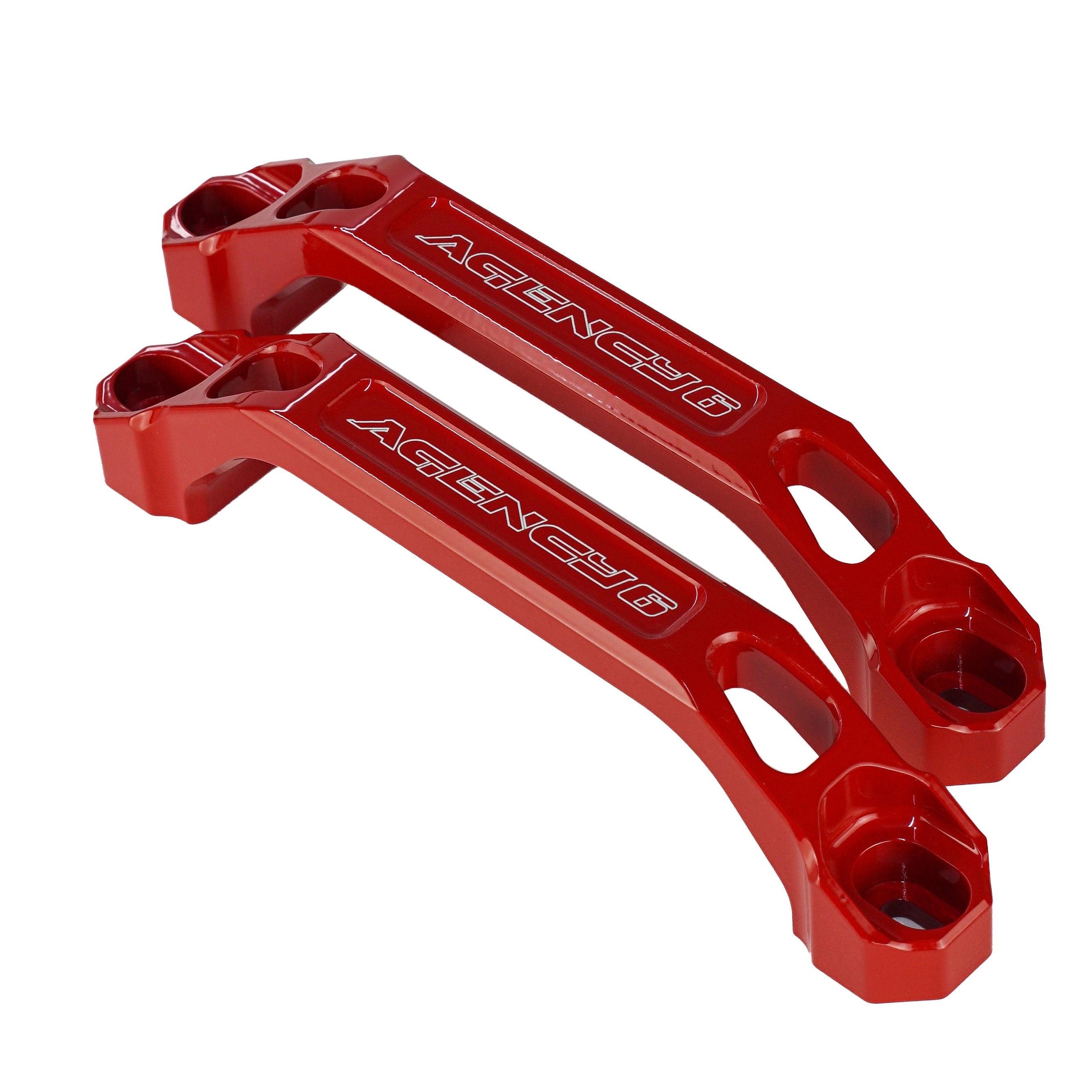 Pair of red aluminum recovery boards mounting brackets for off-road vehicles