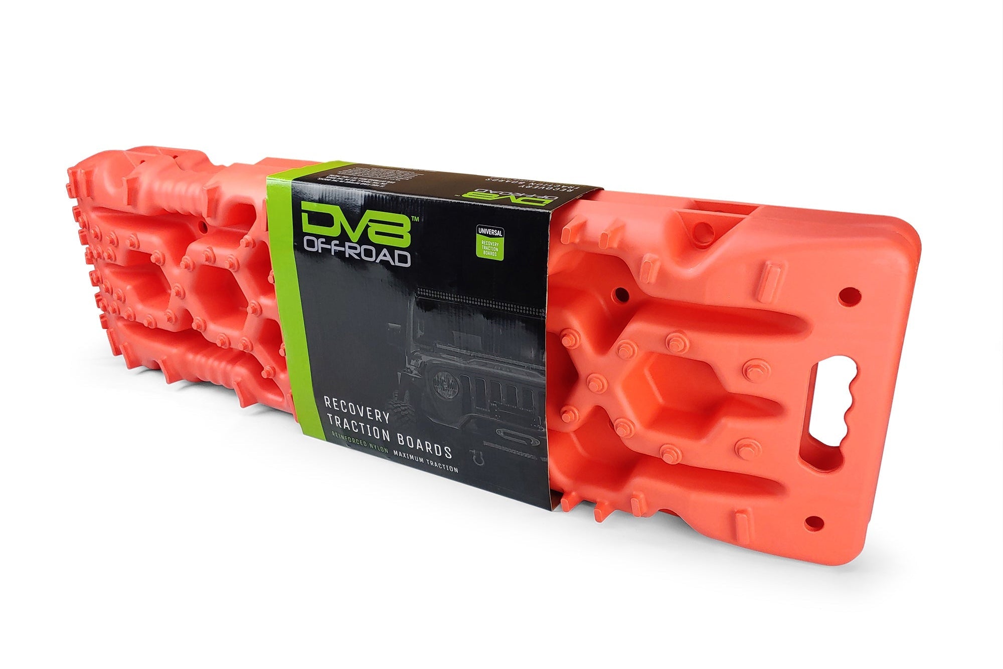Orange off-road recovery traction boards with rugged grip design, packaged for vehicles
