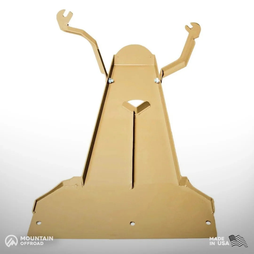 Tan steel oil pan and transmission skid plate for Jeep Gladiator JT 3.6L, off-road accessory.